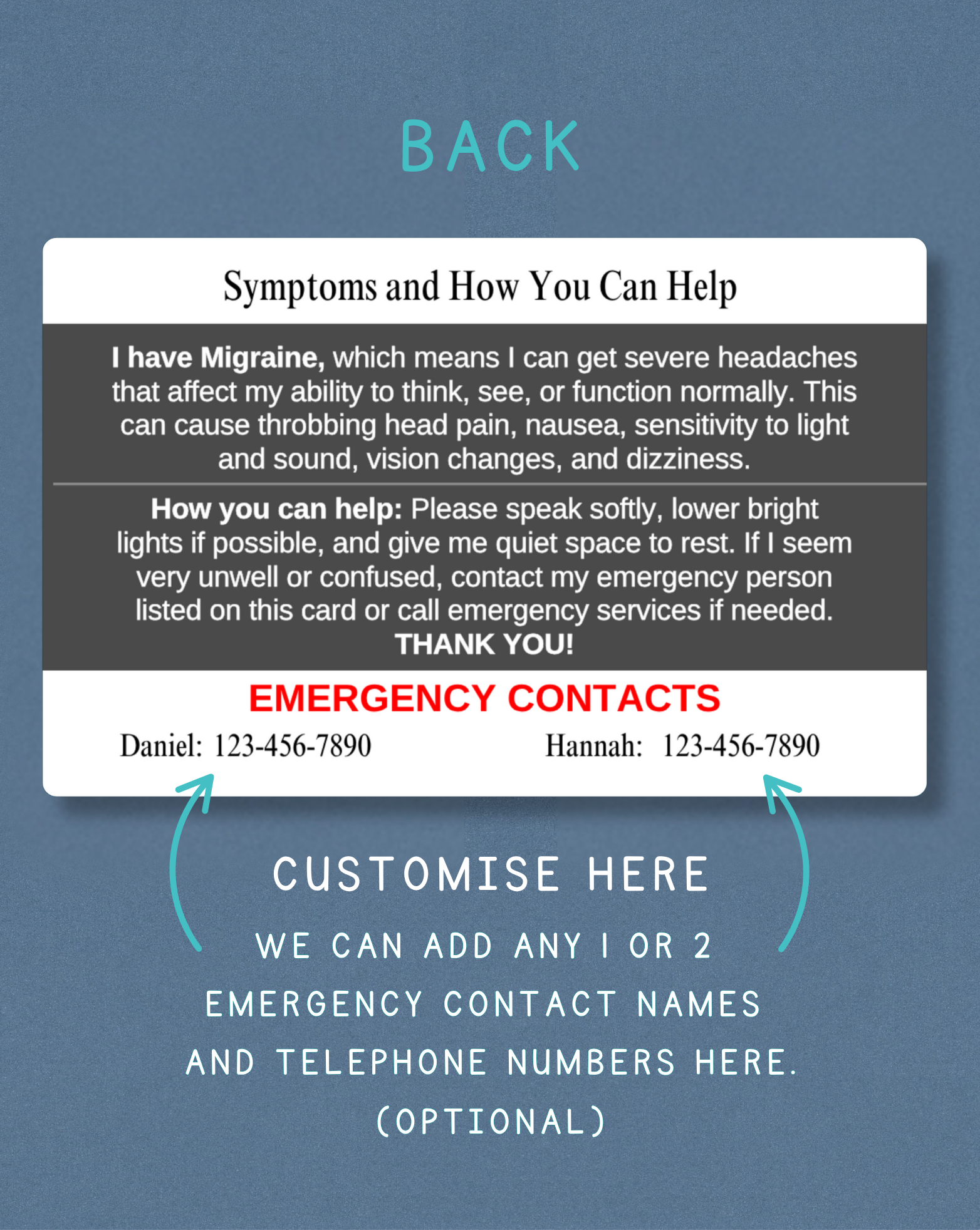 Migraine Medical Alert Card