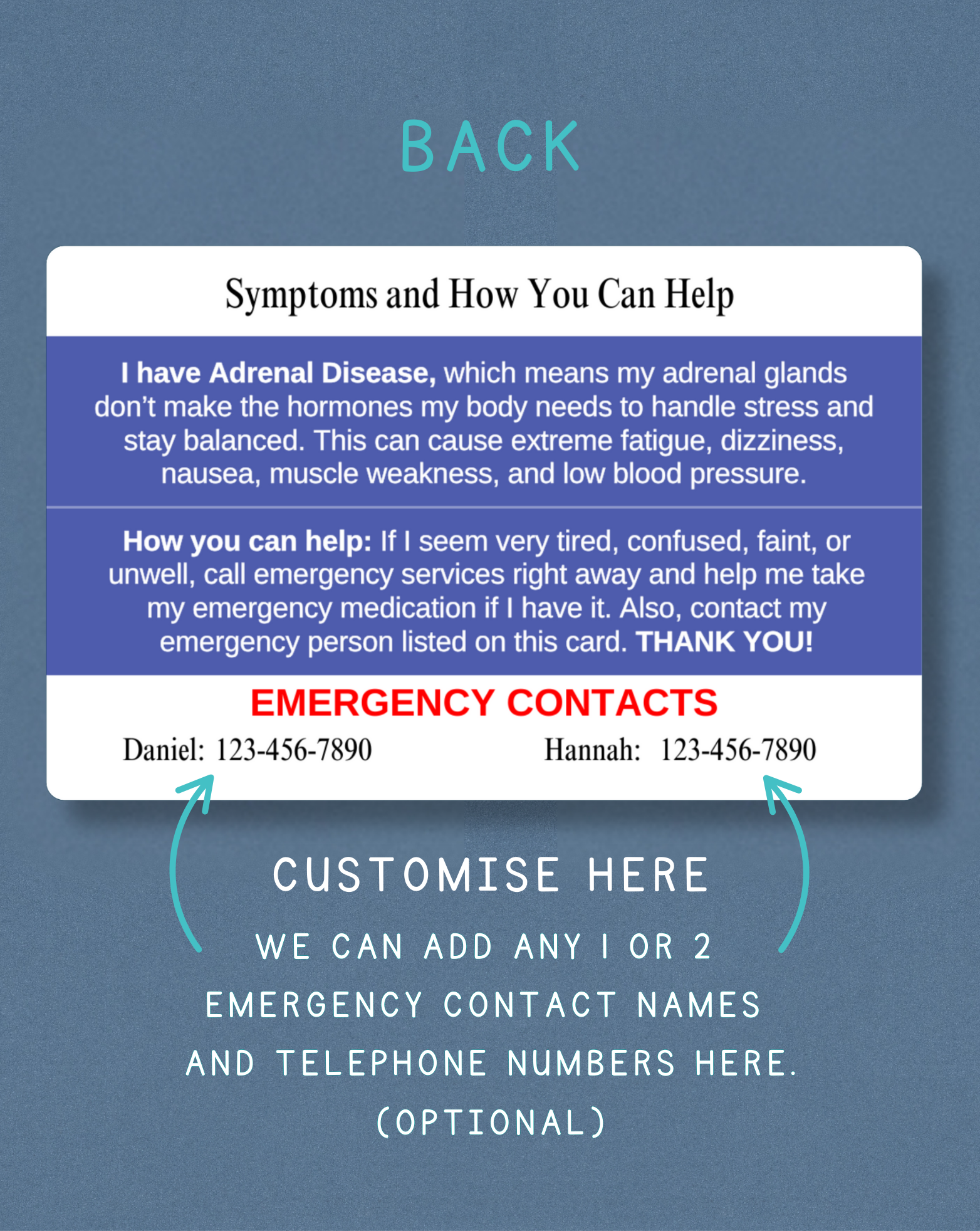 Adrenal Disease Medical Alert Card