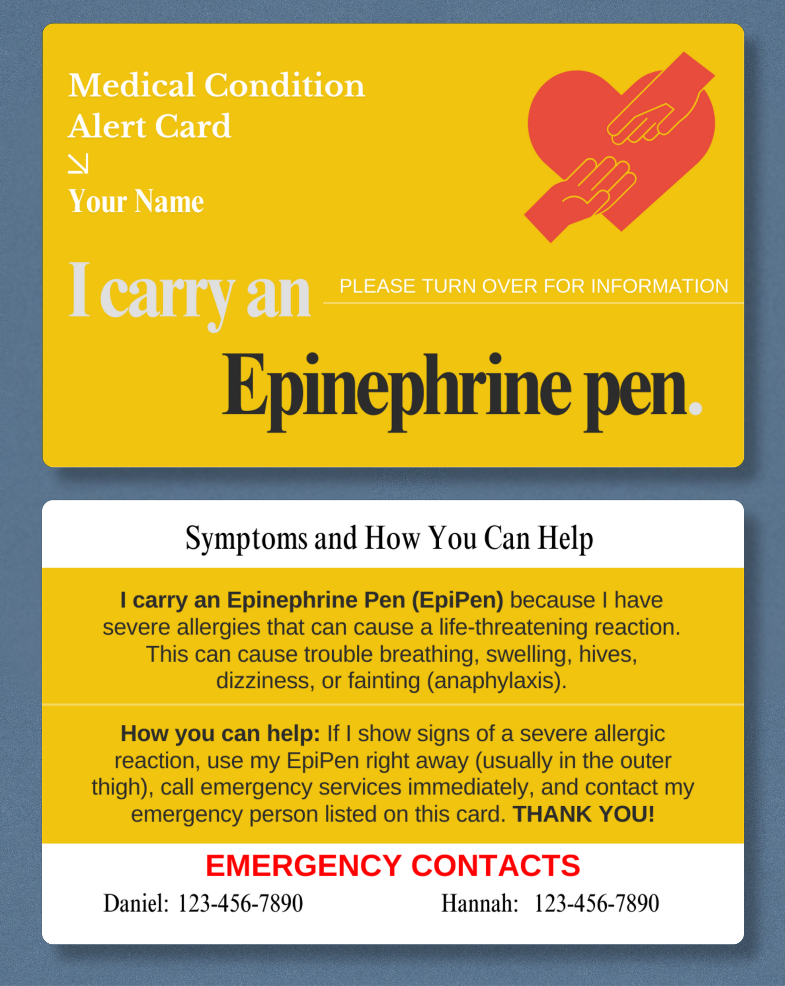 Epinephrine Pen Alert Card