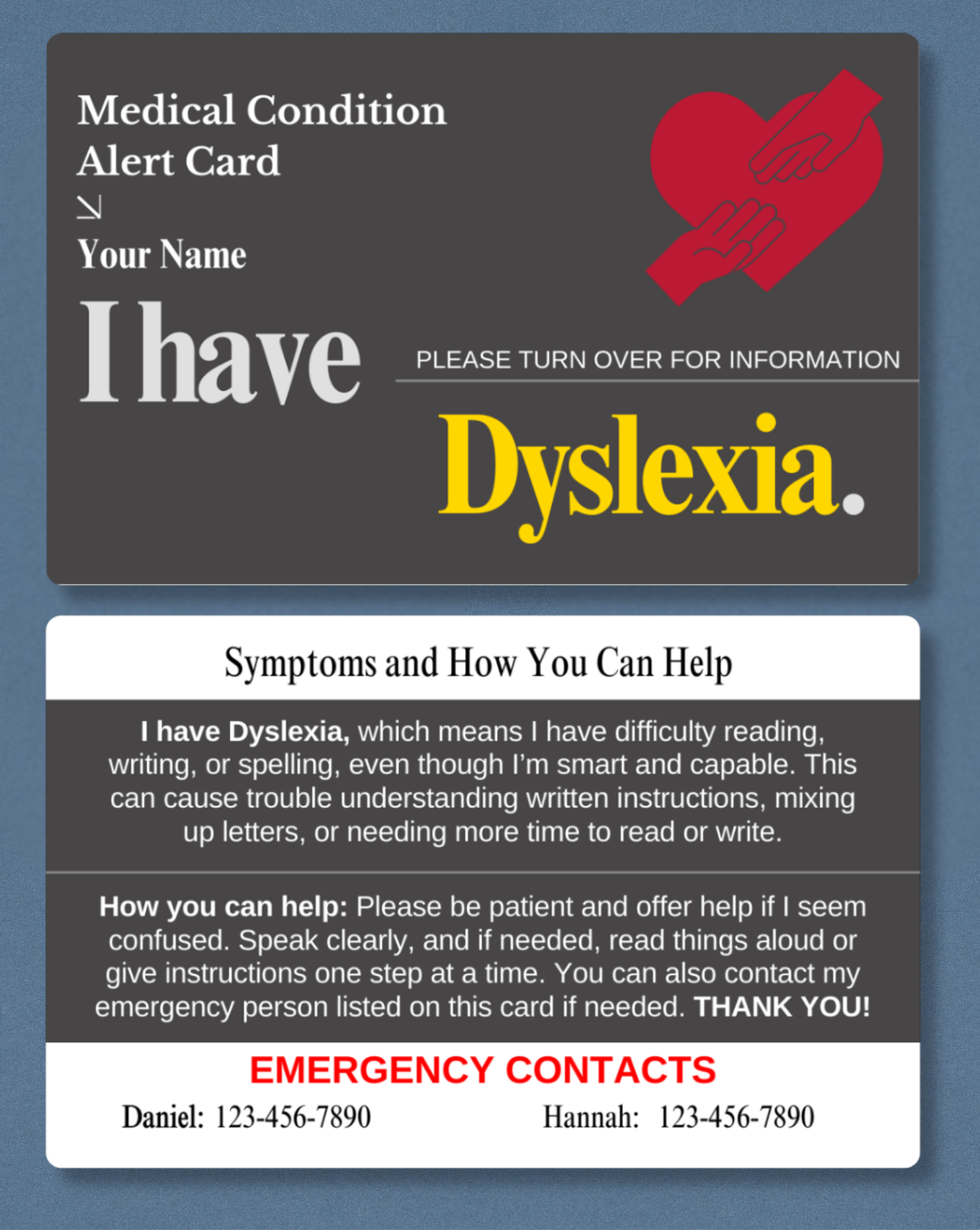 Dyslexia Medical Alert Card