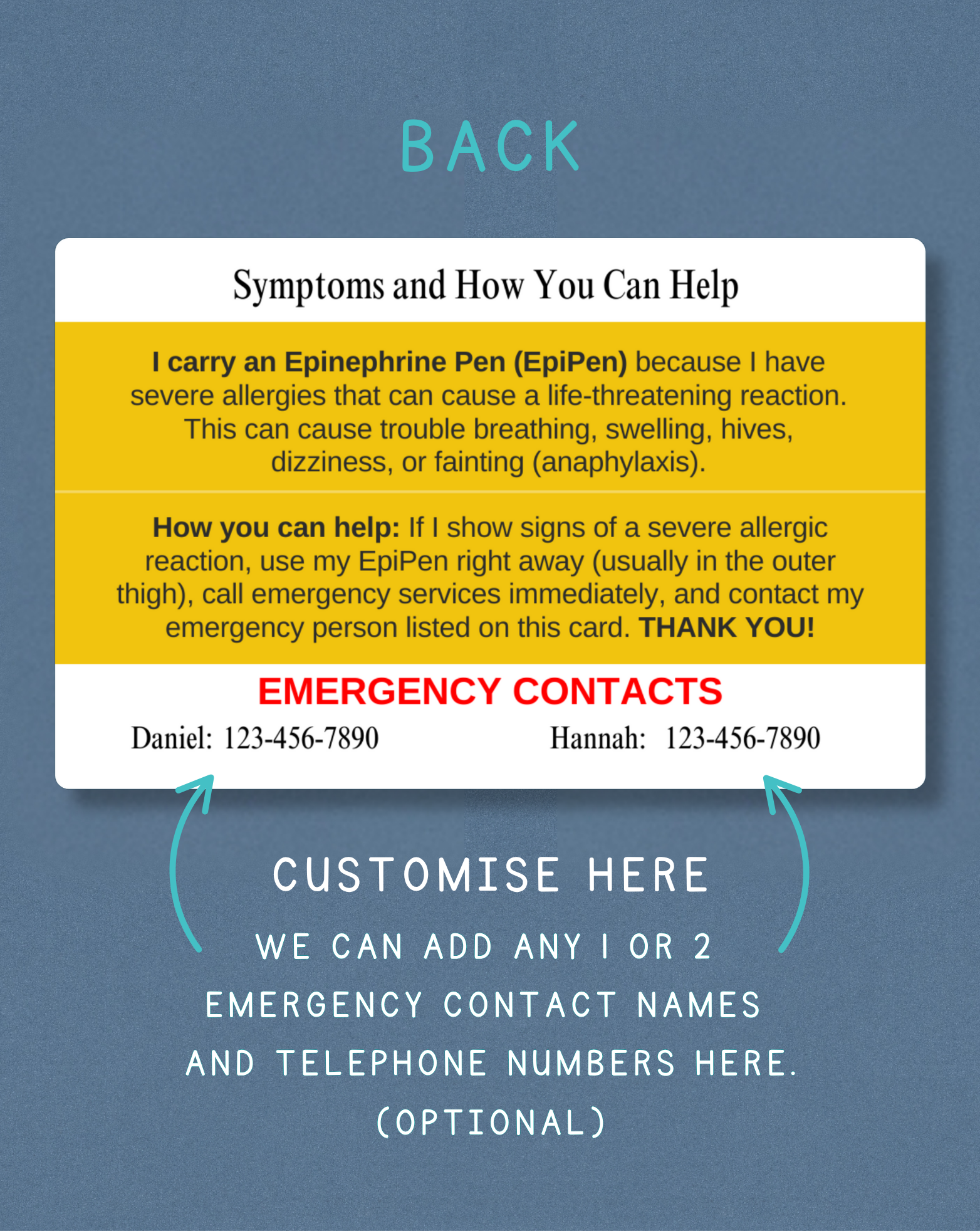 Epinephrine Pen Alert Card