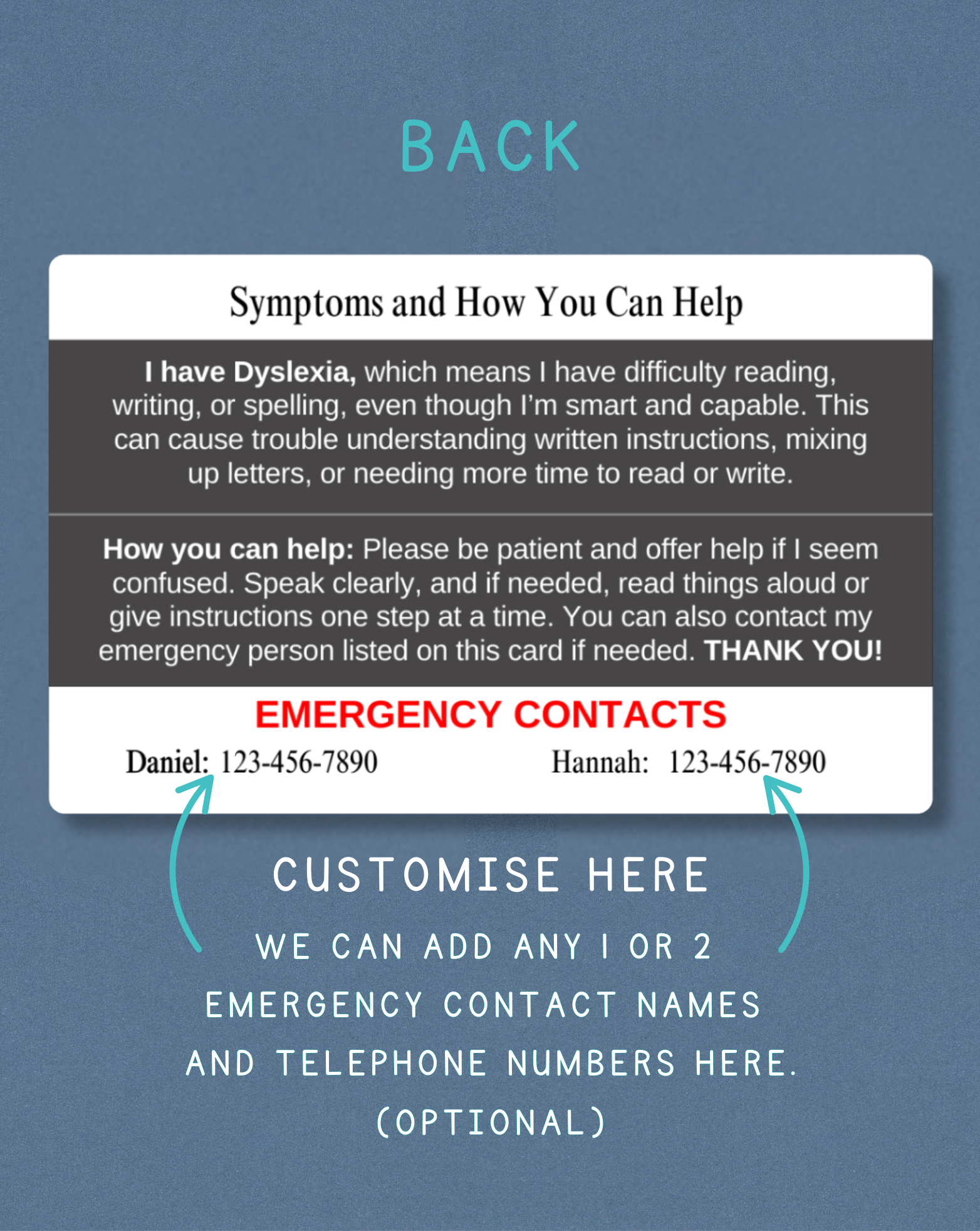 Dyslexia Medical Alert Card