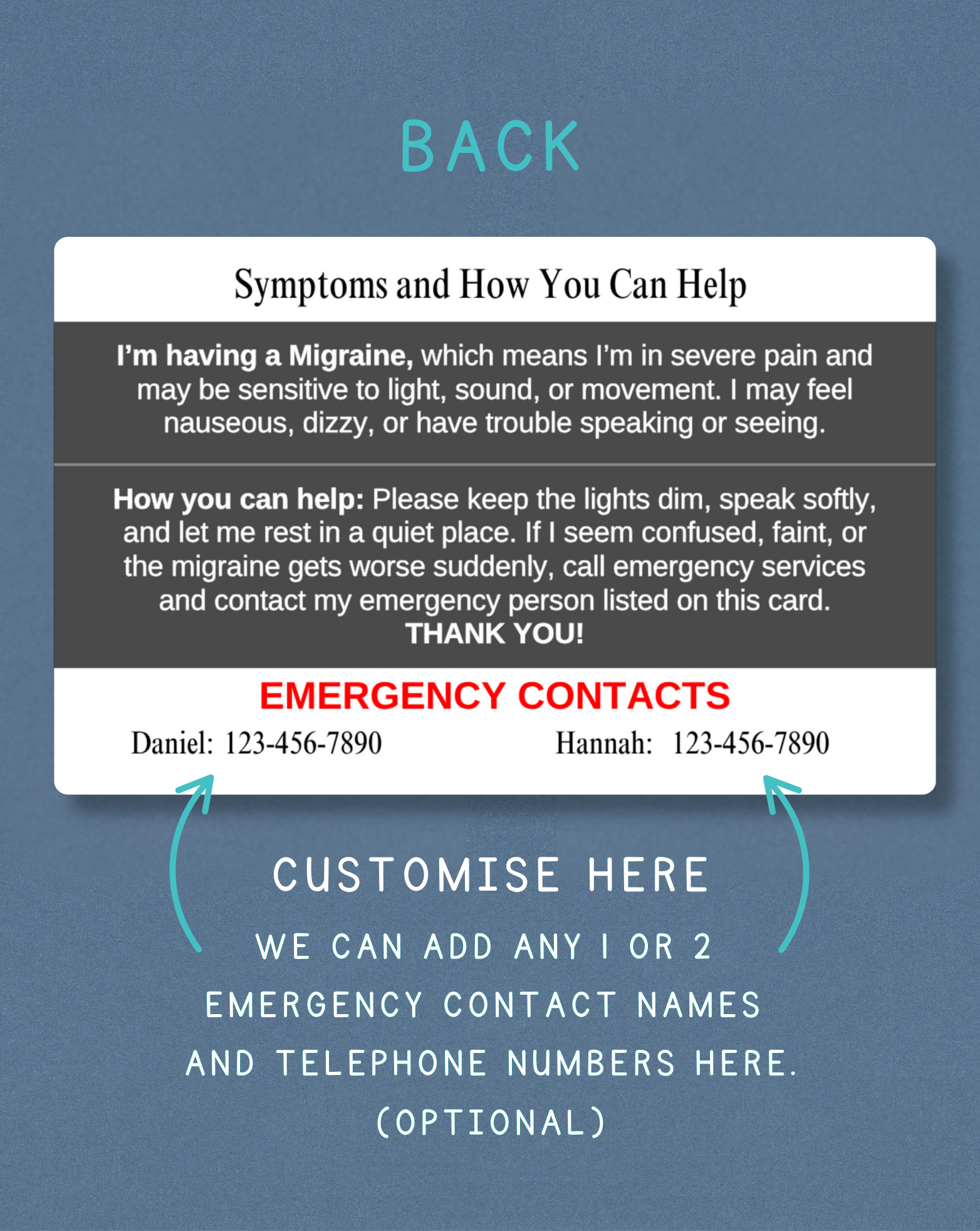 Migraine Medical Alert Card