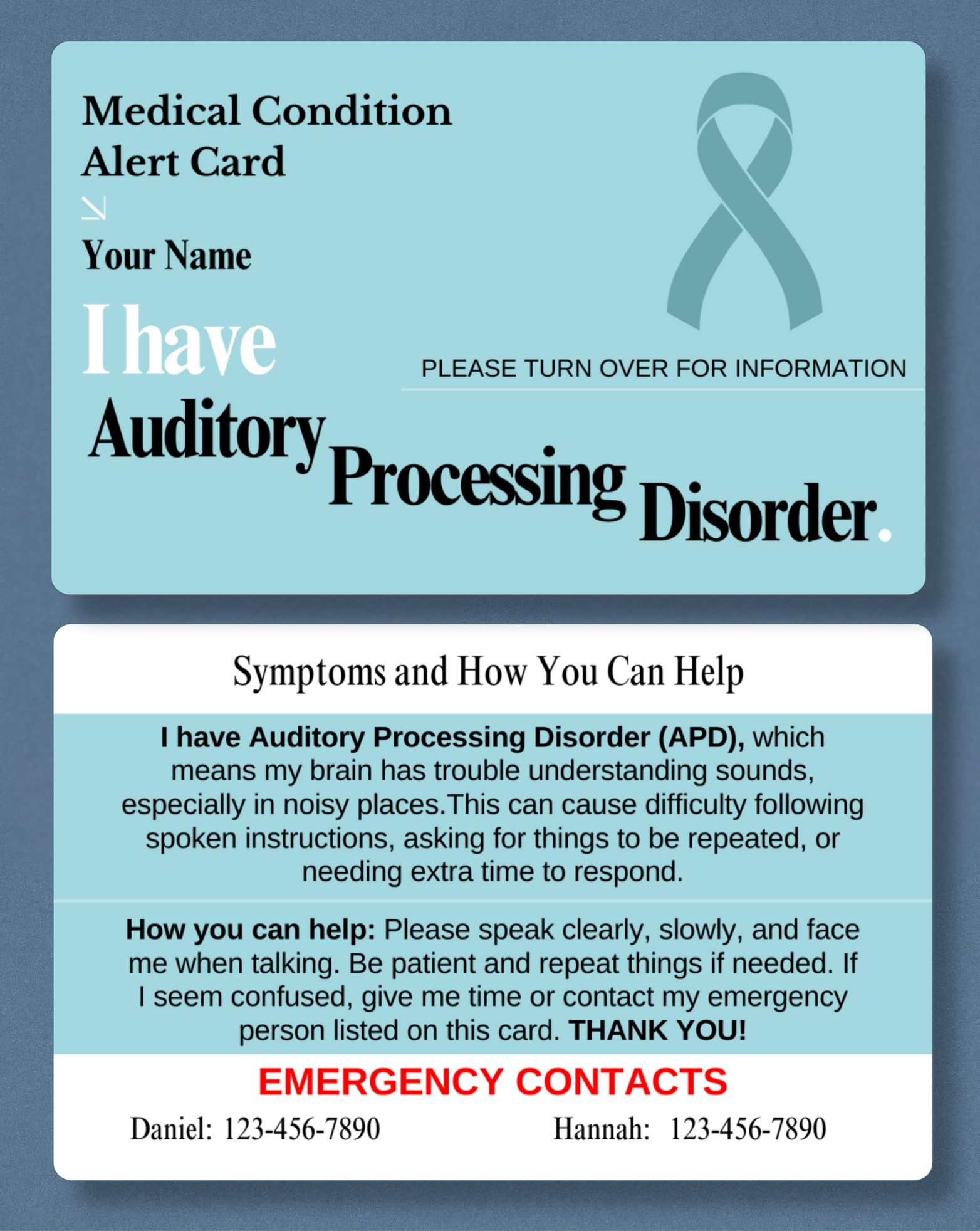 Auditory Processing Disorder Medical Alert Card