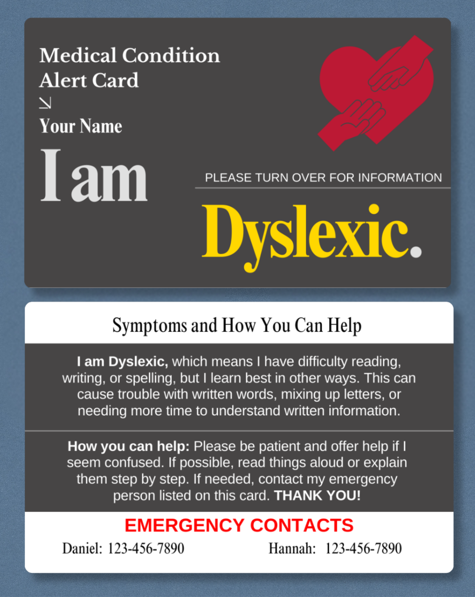 Dyslexic Medical Alert Card