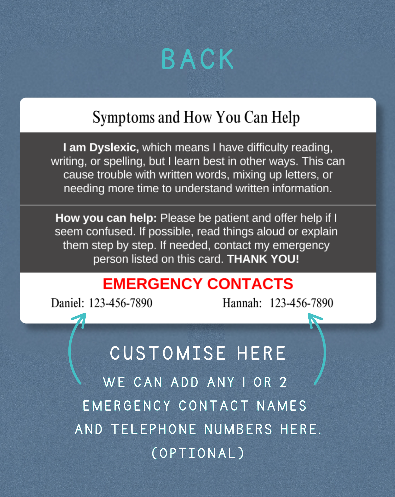 Dyslexic Medical Alert Card