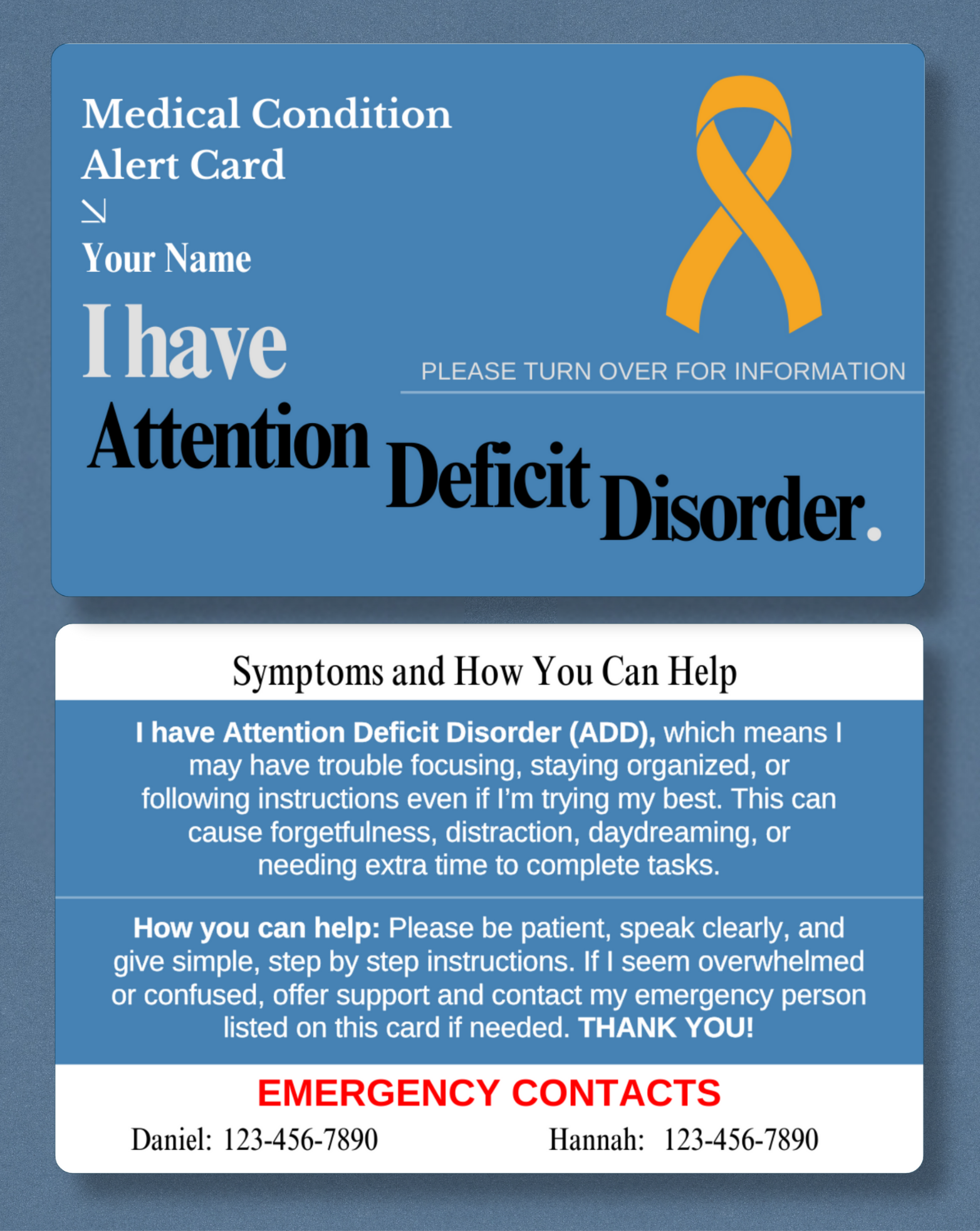 Attention Deficit Disorder Medical Alert Card