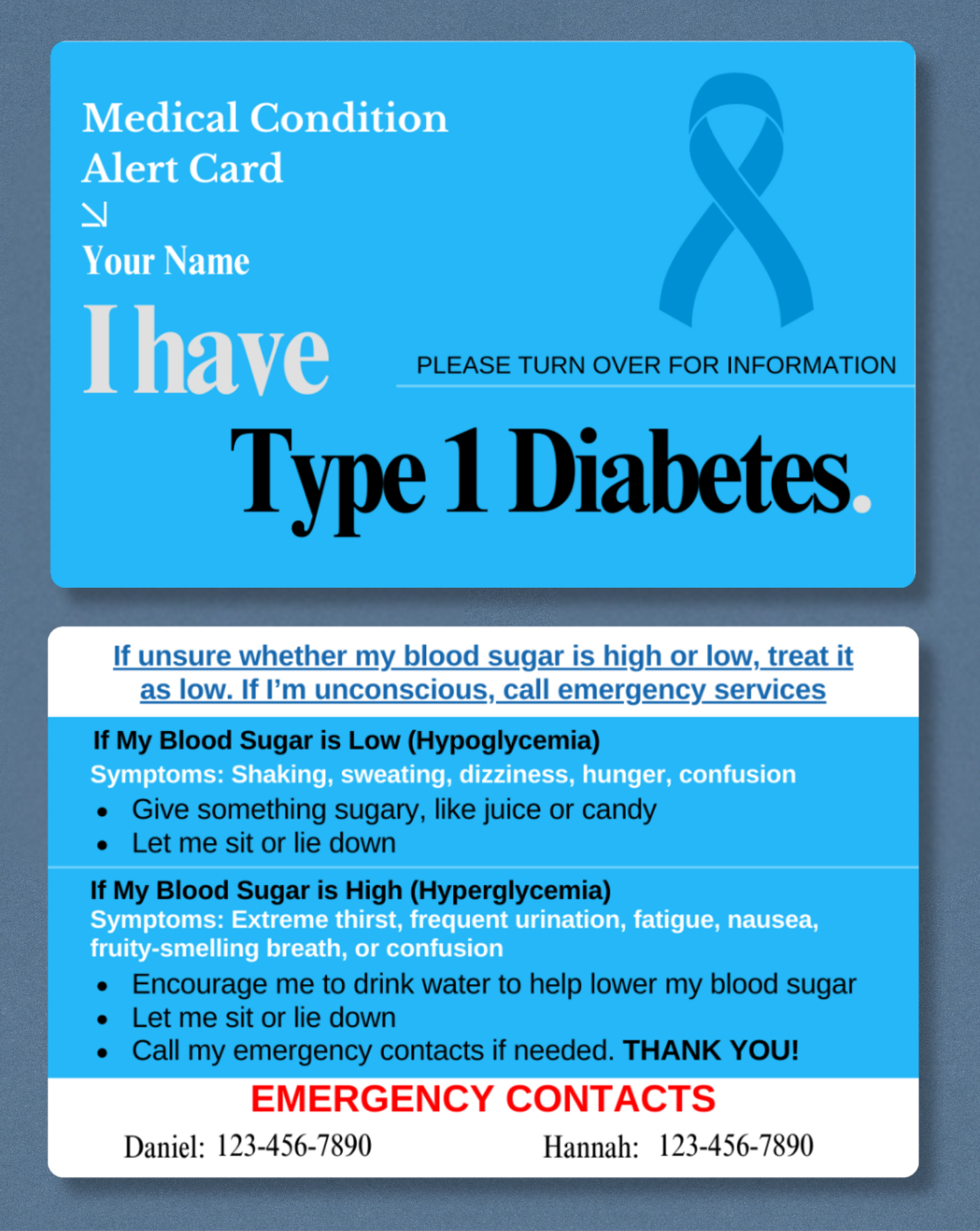 Diabetes Type 1 Medical Alert Card