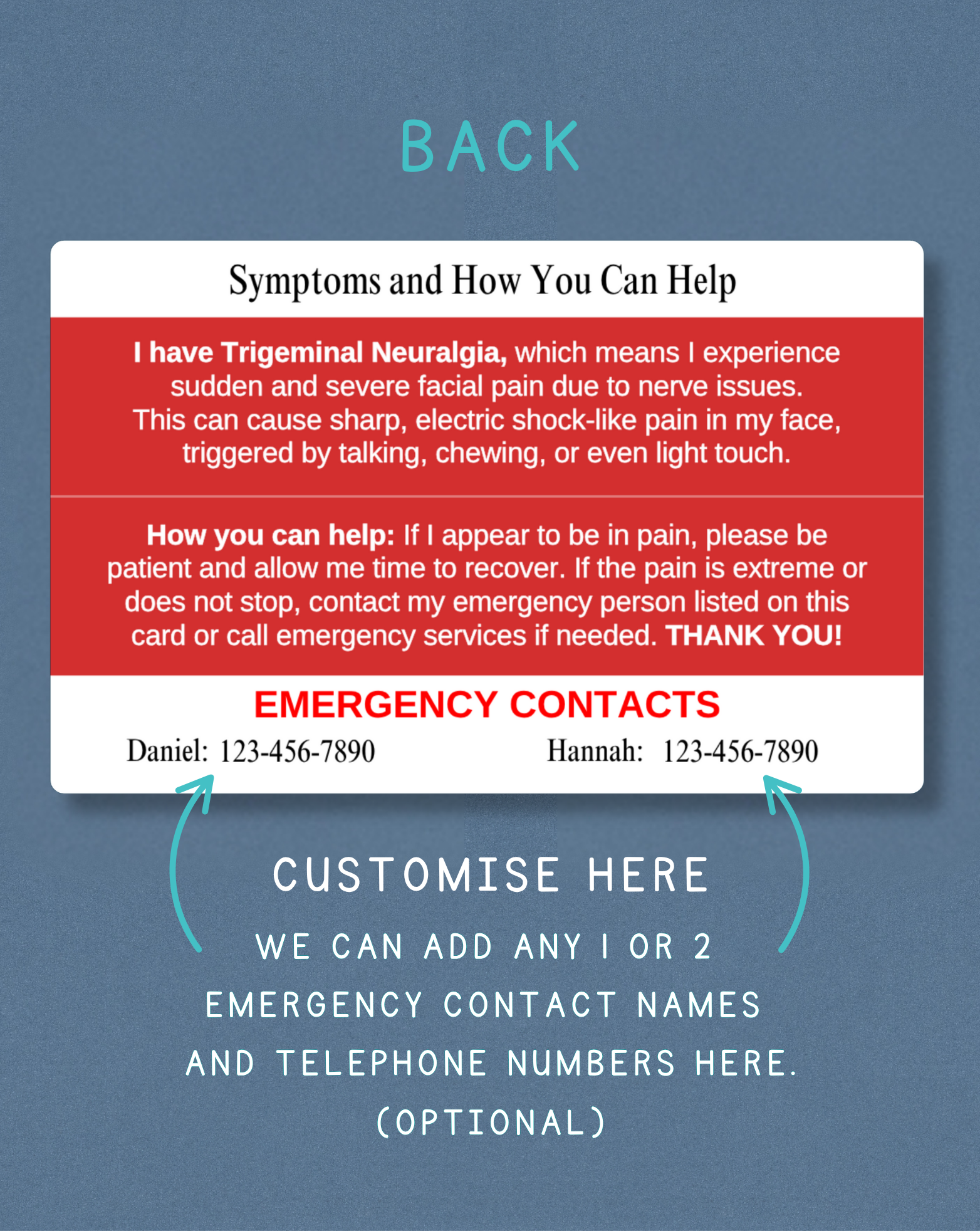 Trigeminal Neuralgia Medical Alert Card