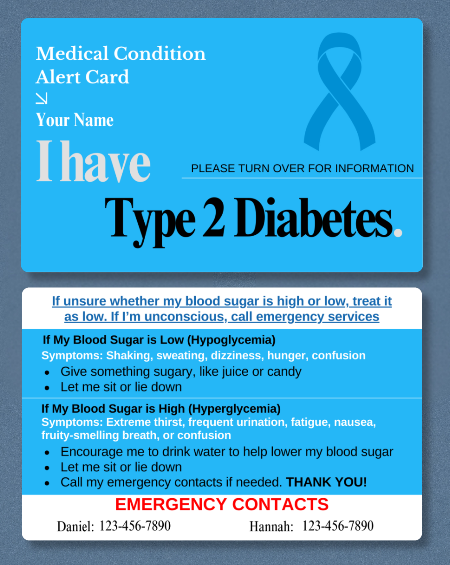 Diabetes Type 2 Medical Alert Card