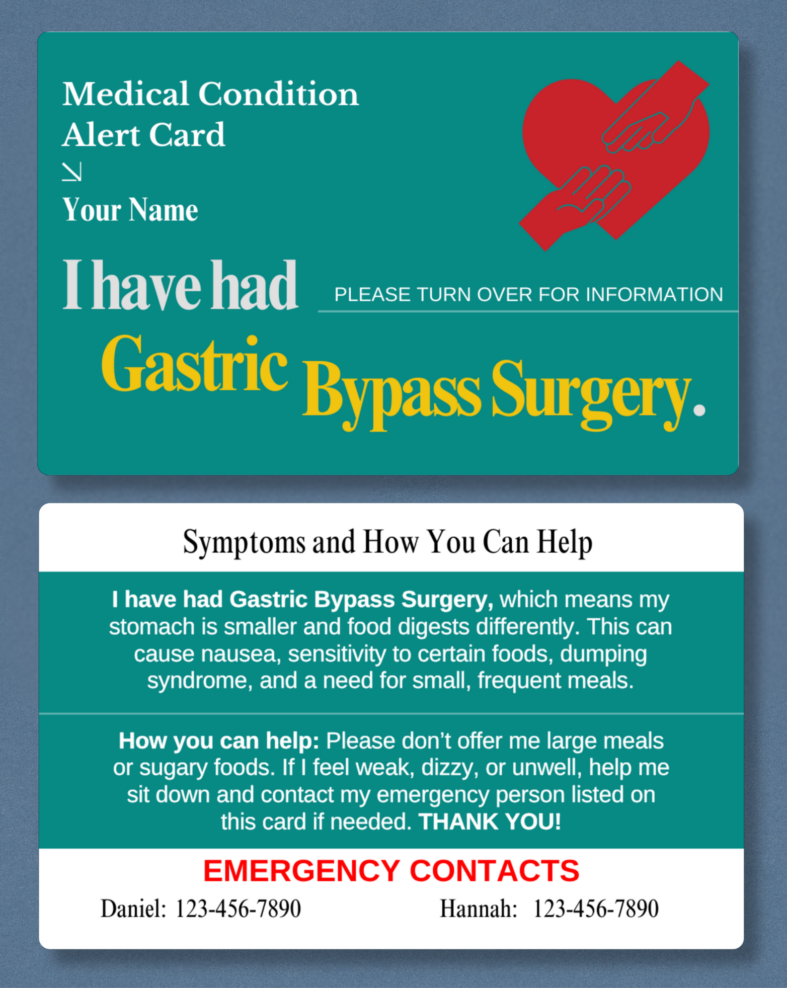 Gastric Bypass Surgery Medical Alert Card