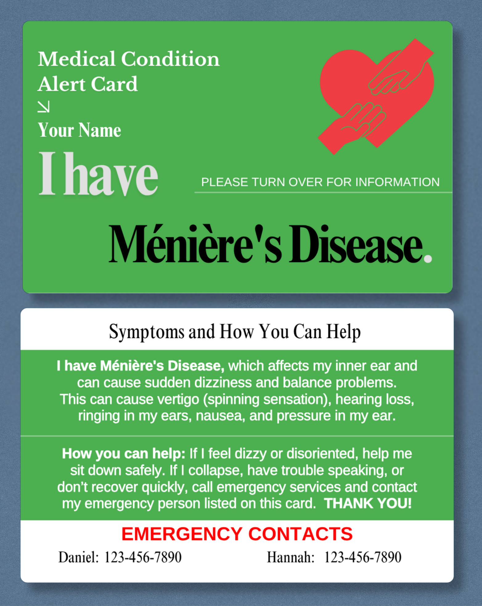 Meniere's Disease Medical Alert Card