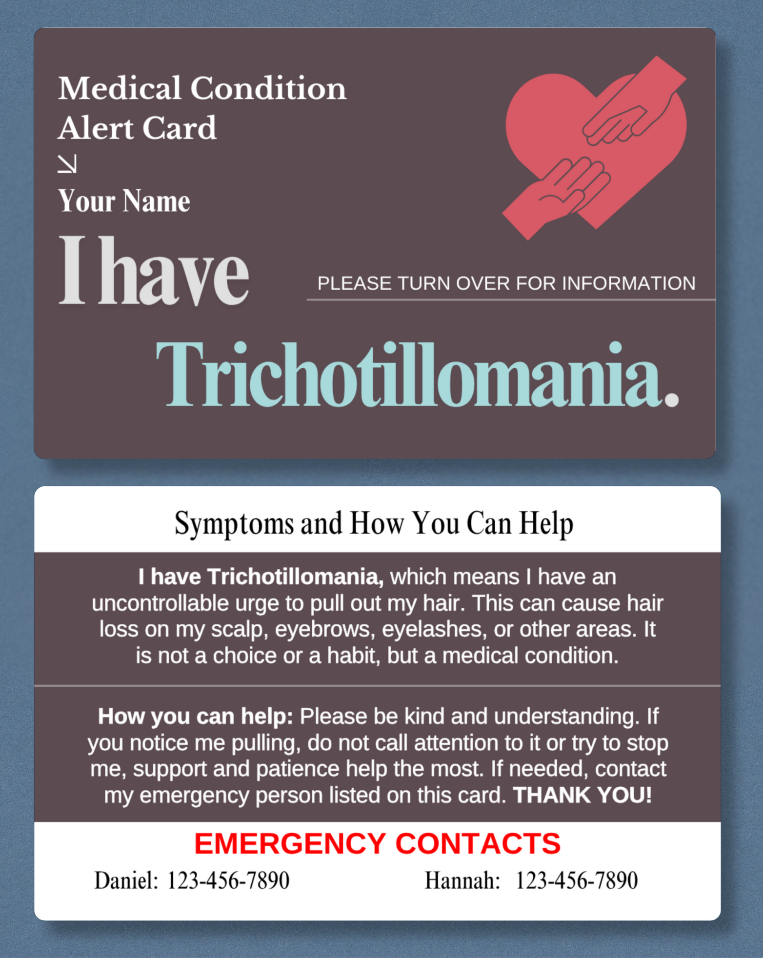 Trichotillomania Medical Alert Card