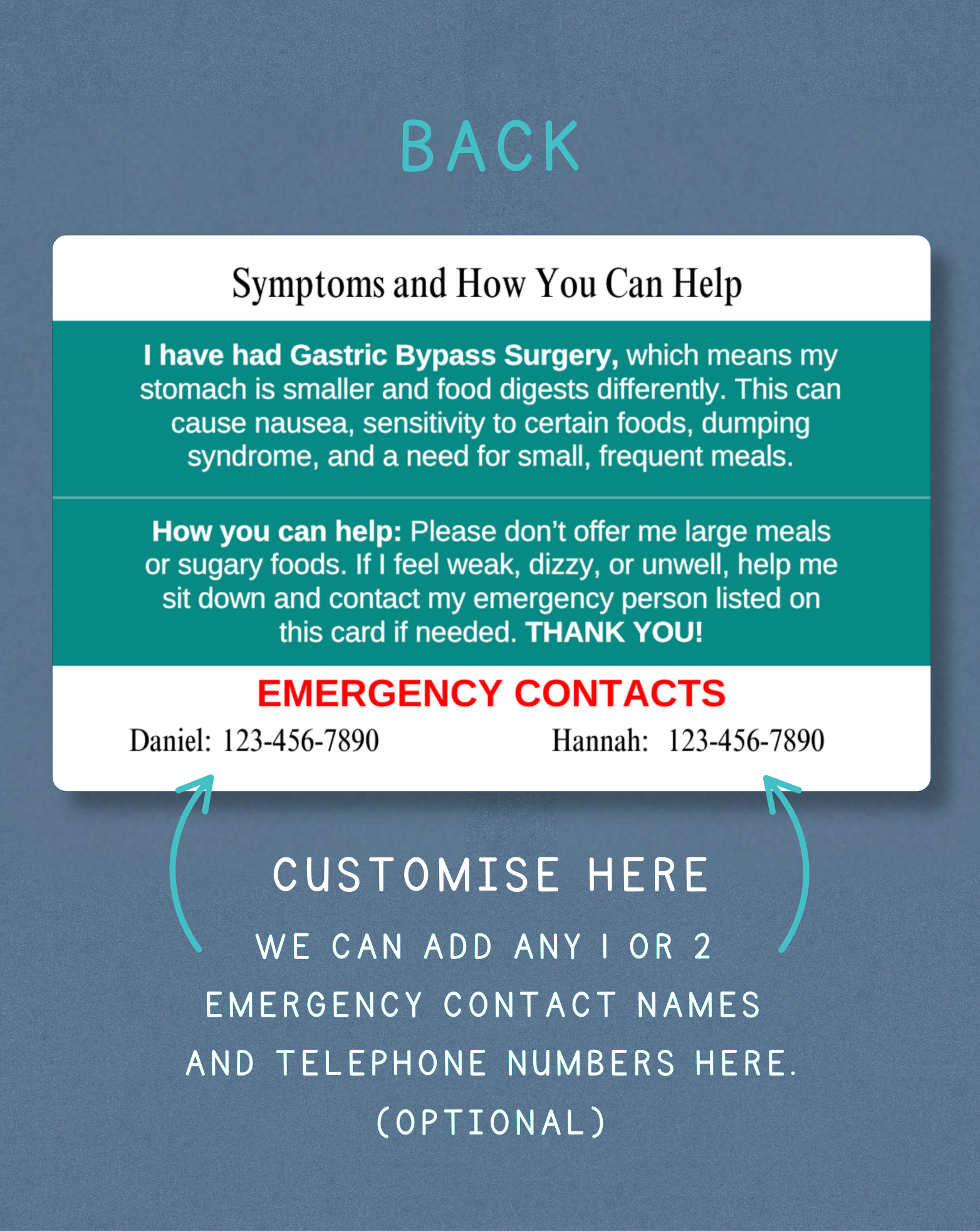 Gastric Bypass Surgery Medical Alert Card