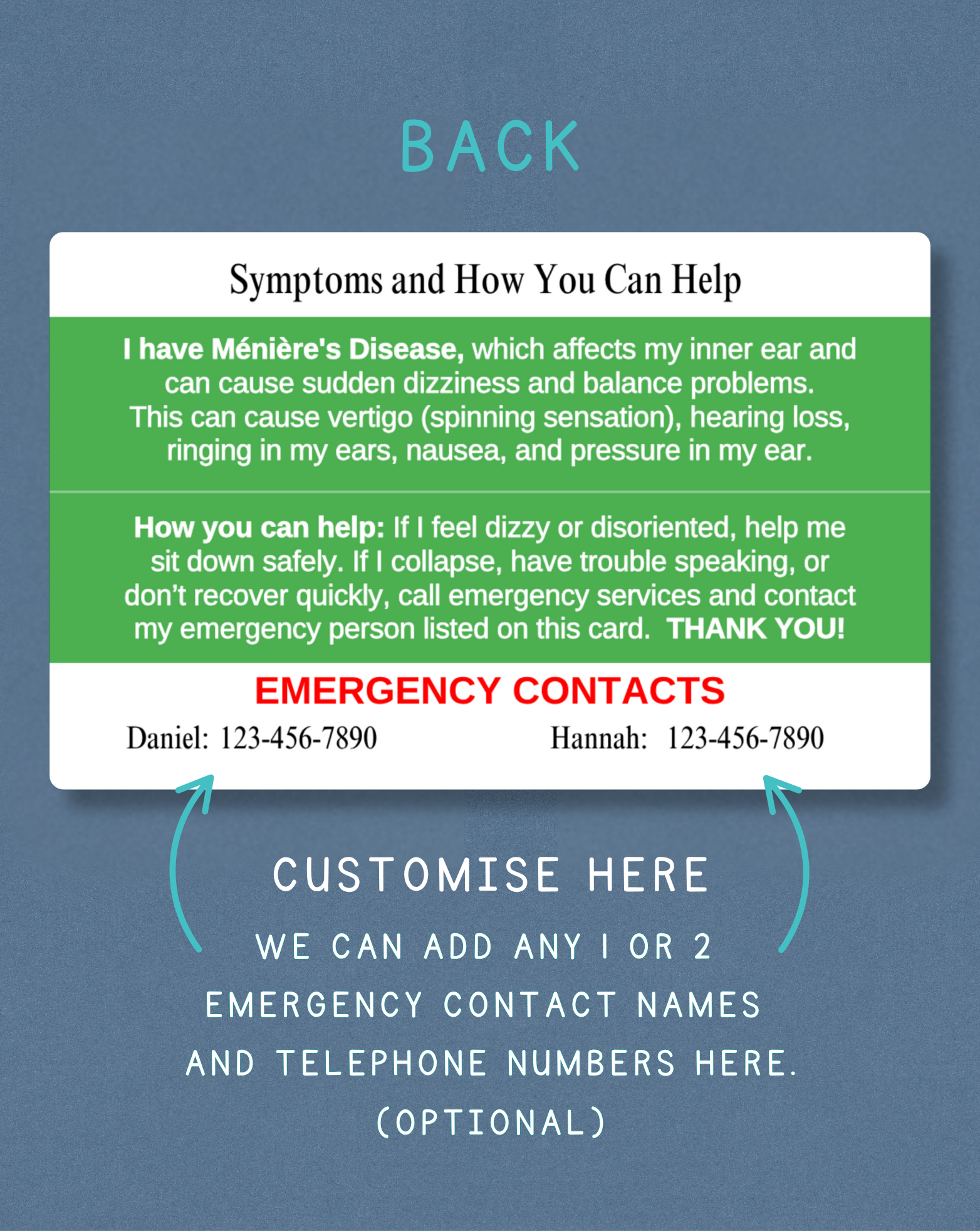 Meniere's Disease Medical Alert Card