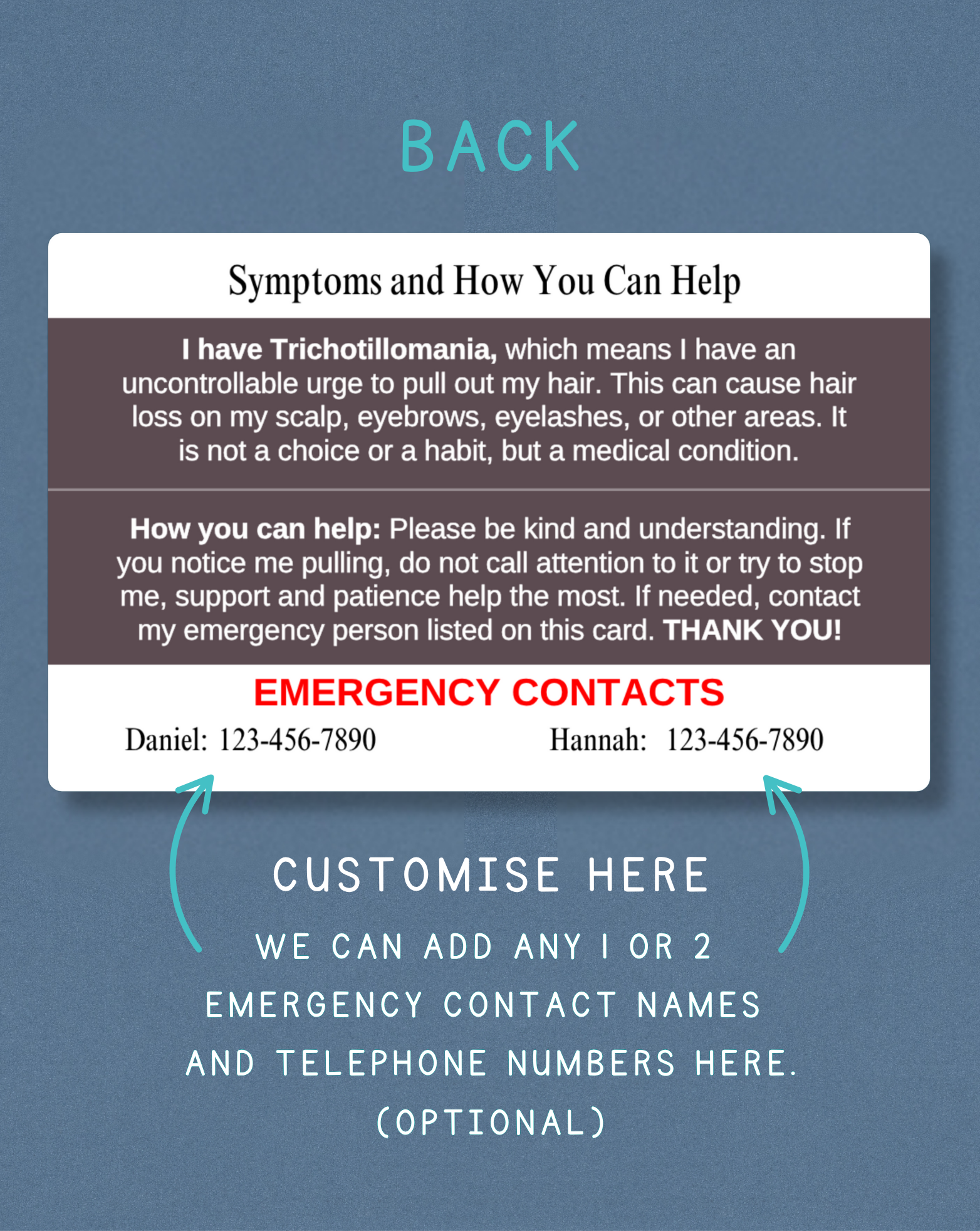 Trichotillomania Medical Alert Card