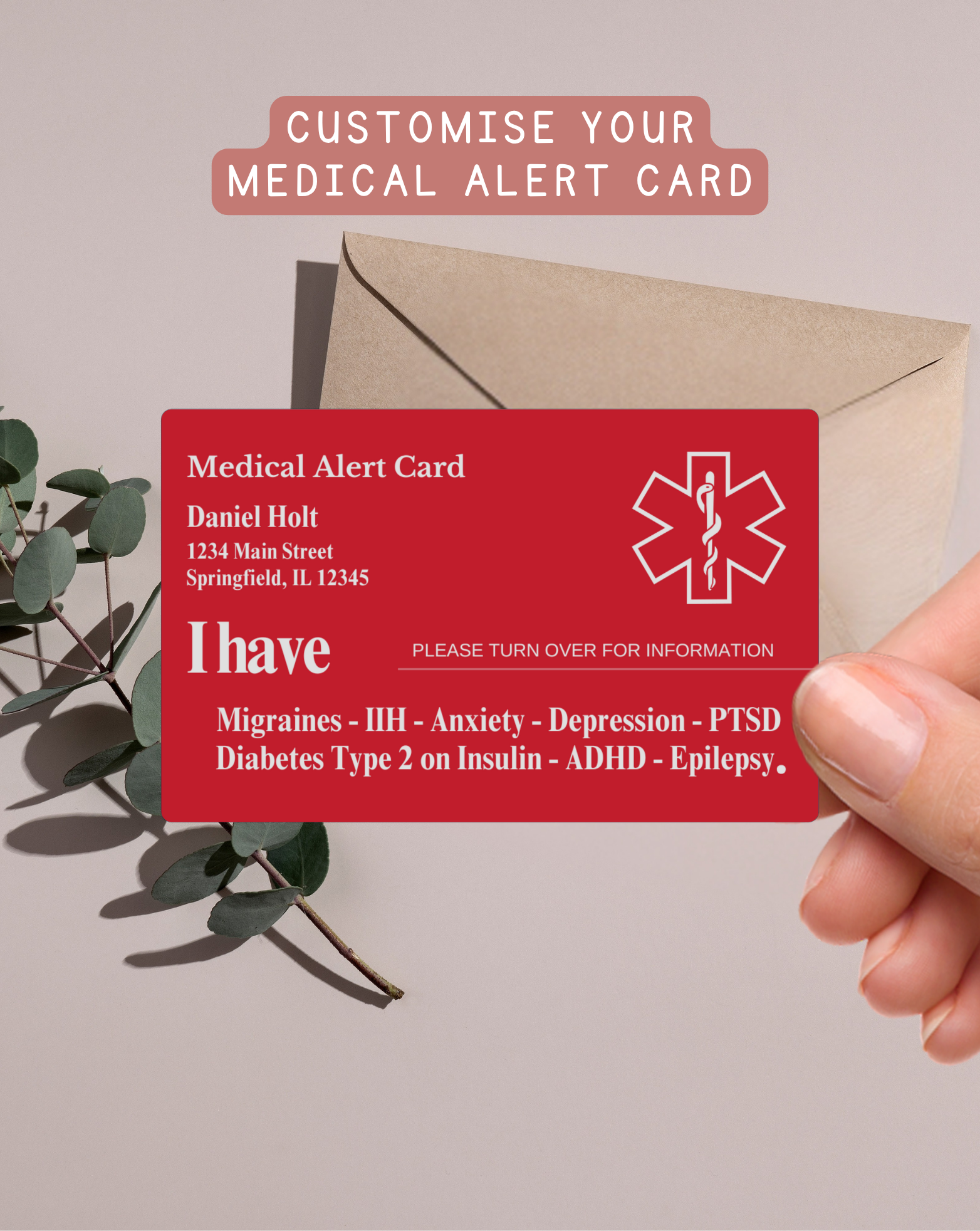 Custom Engraved Medical Alert Card - Red Aluminum (Full Detail Version)