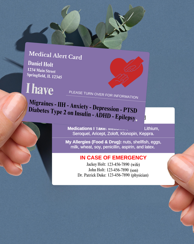 Purple customised medical alert card shown with personalised medical details