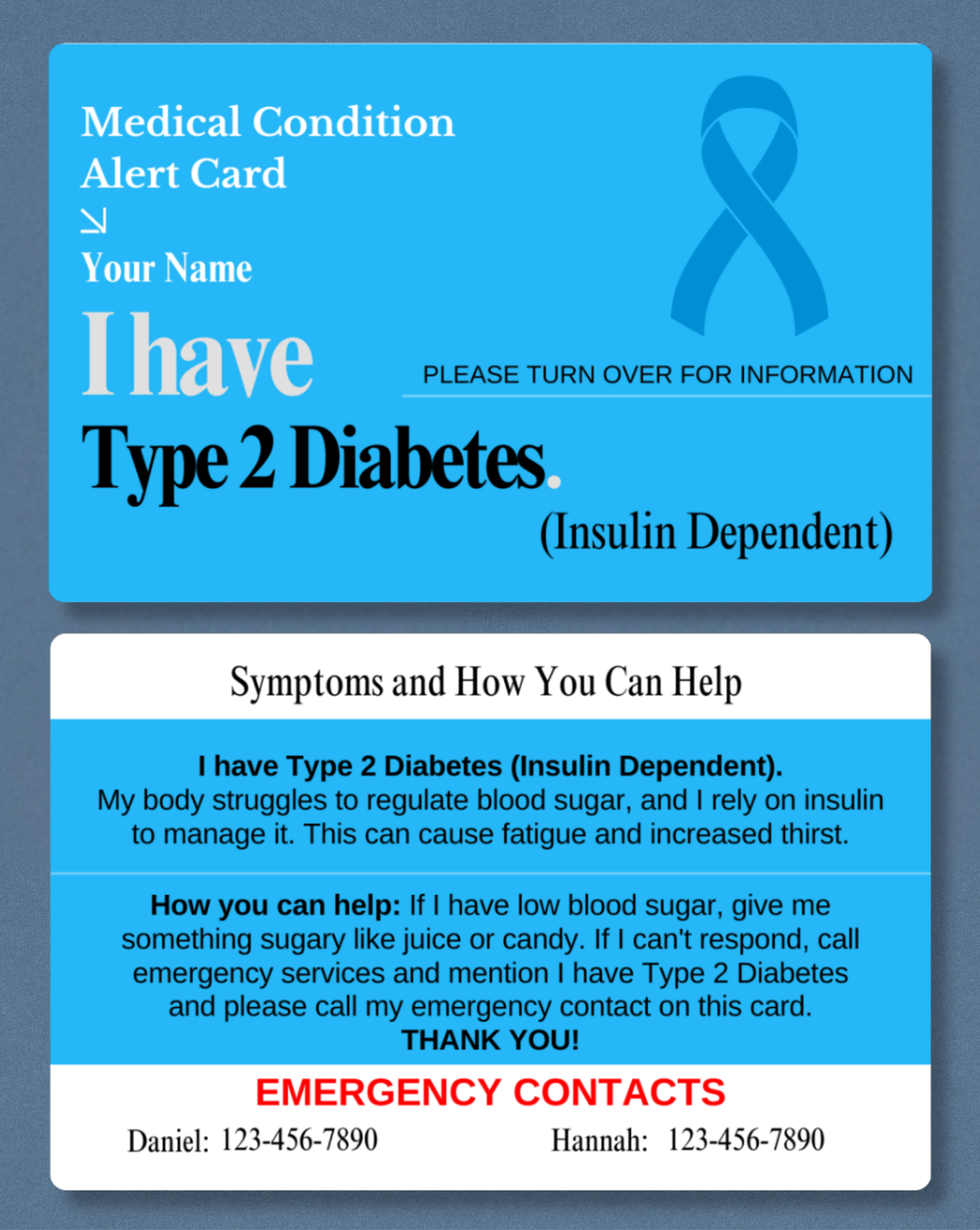 Diabetes Type 2 (Insulin Dependent) Medical Alert Card