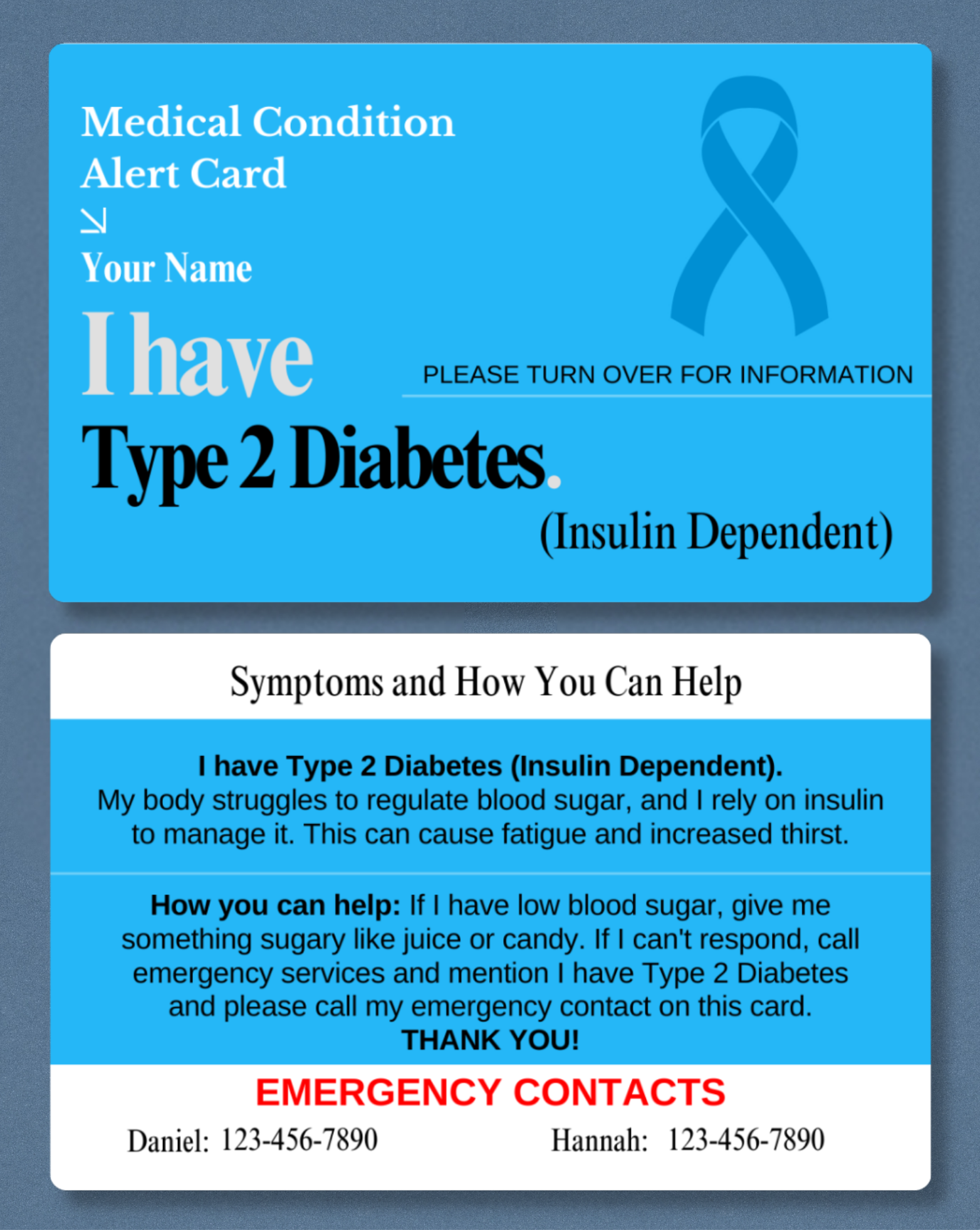 Diabetes Type 2 (Insulin Dependent) Medical Alert Card