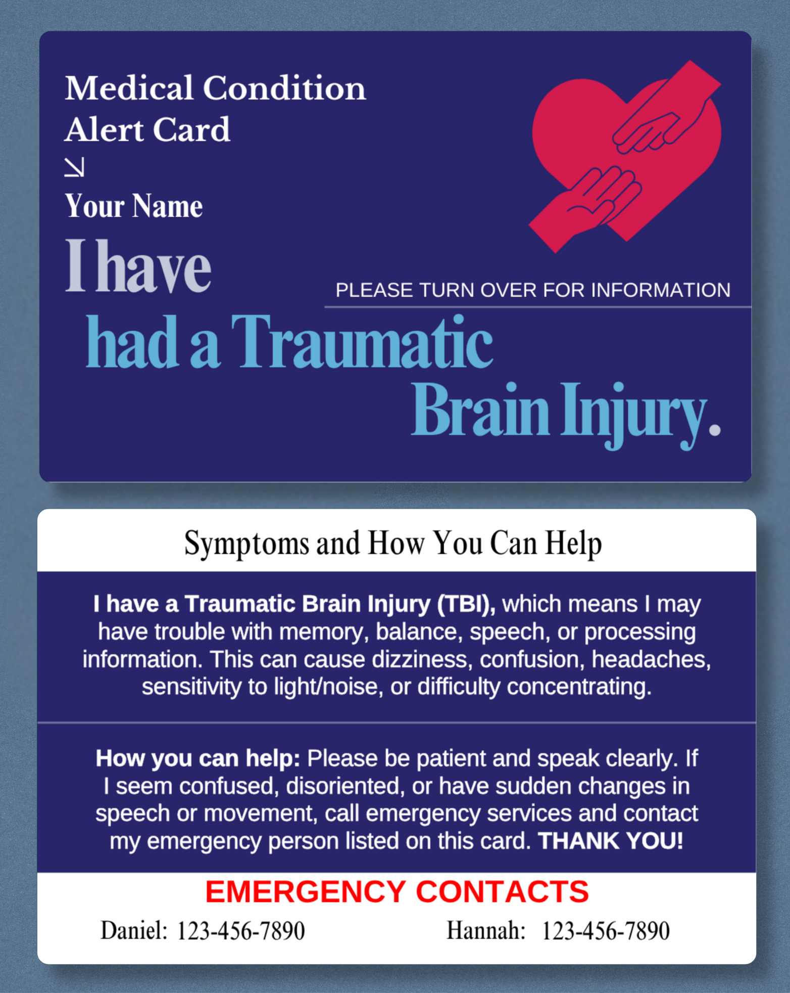 Traumatic Brain Injury Medical Alert Card