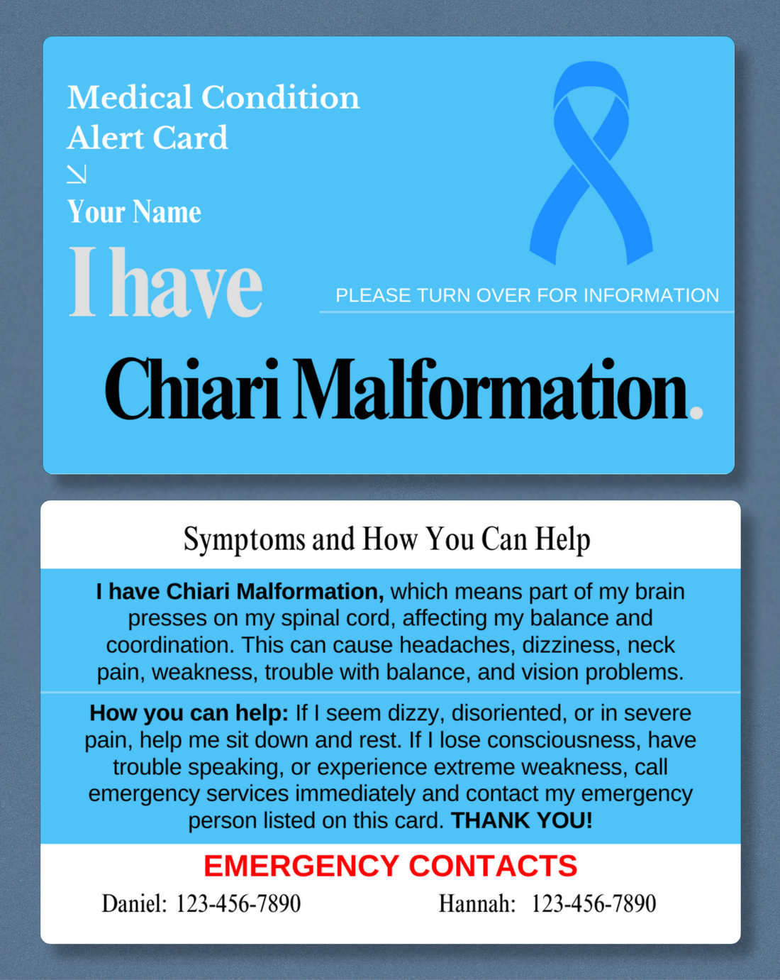 Chiari Malformation Medical Alert Card
