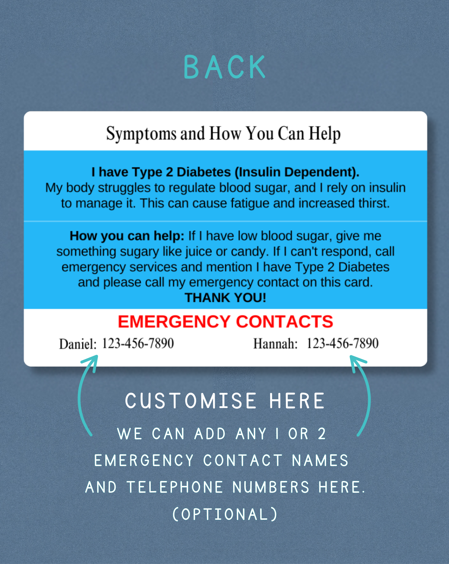 Diabetes Type 2 (Insulin Dependent) Medical Alert Card