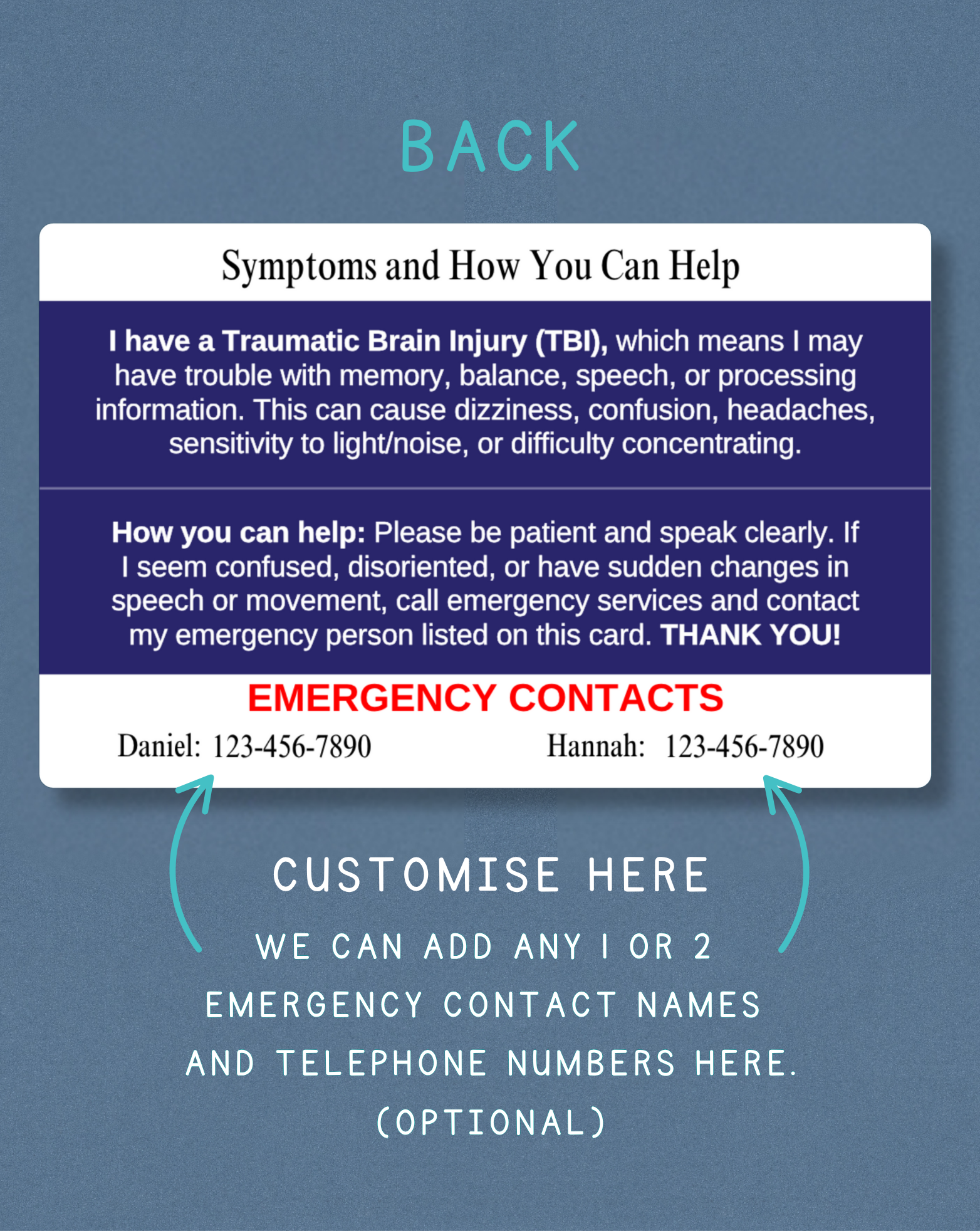 Traumatic Brain Injury Medical Alert Card
