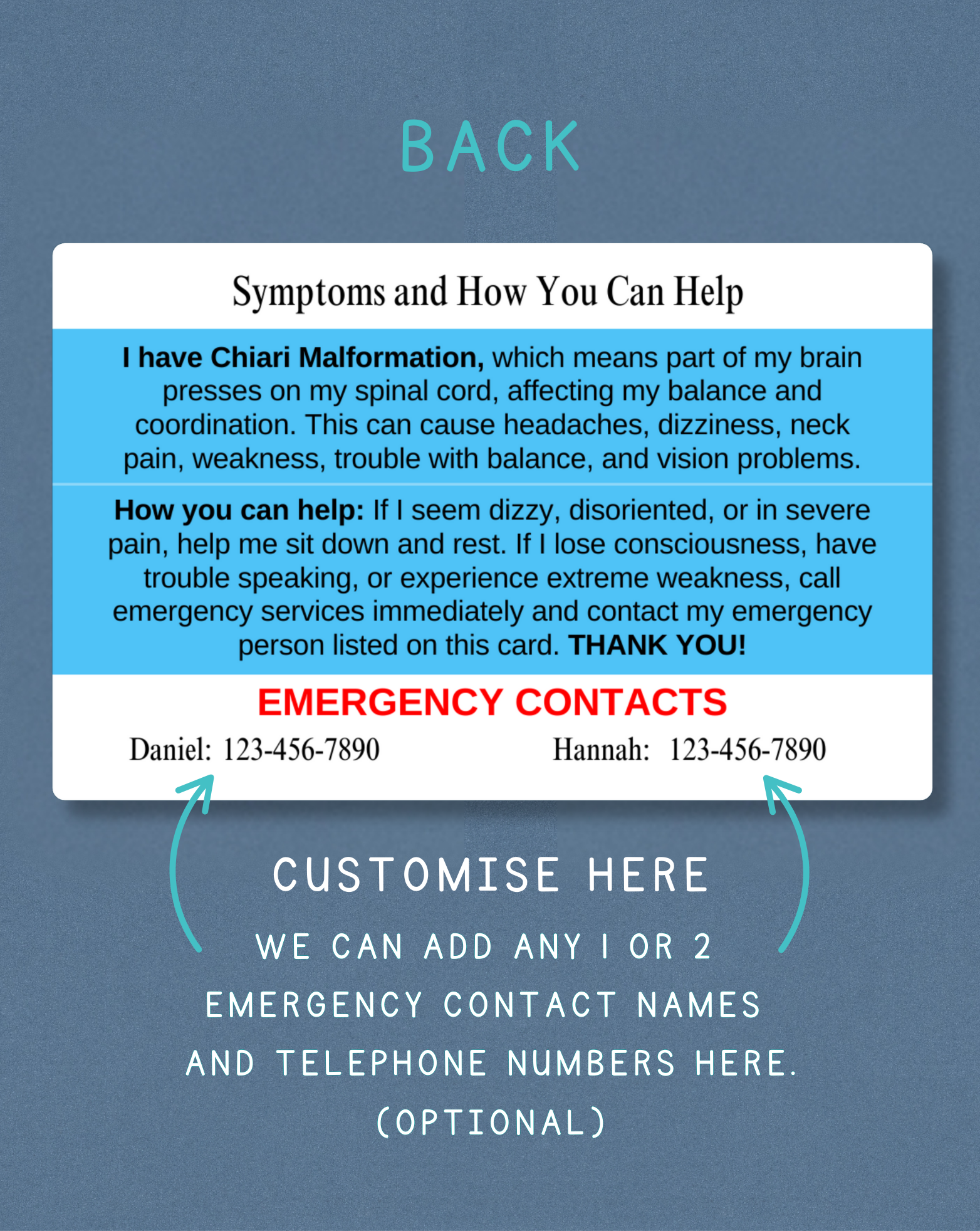 Chiari Malformation Medical Alert Card