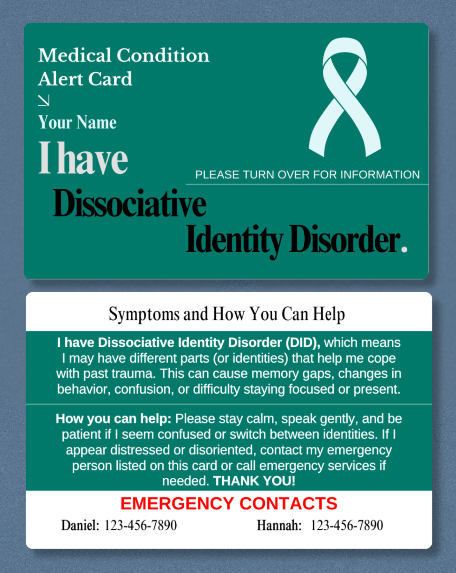 Dissociative Identity Disorder Medical Alert Card