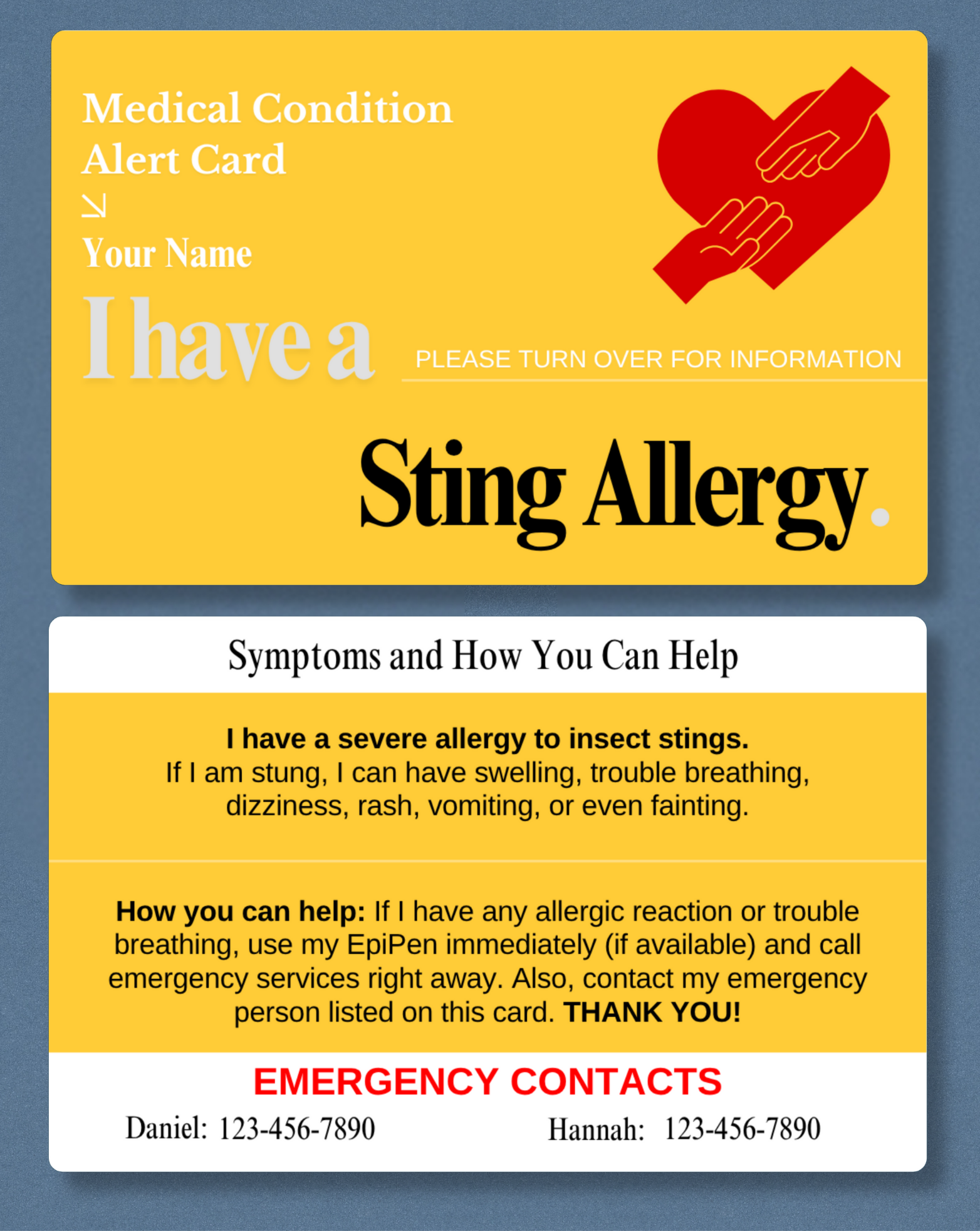 Sting Allergy Alert Card