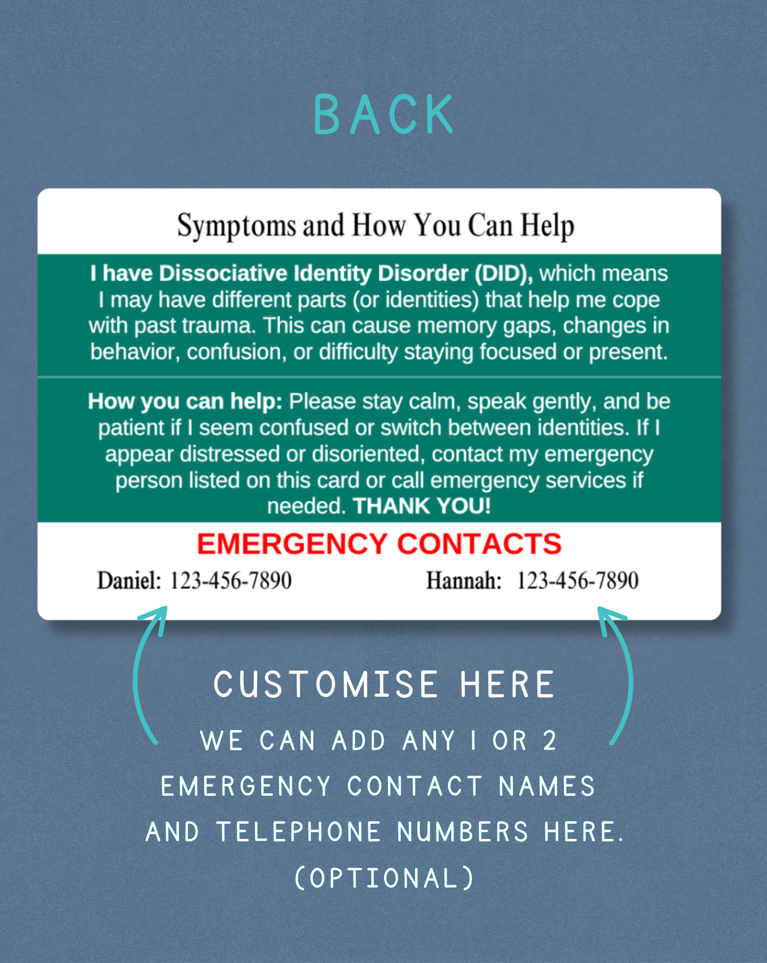 Dissociative Identity Disorder Medical Alert Card