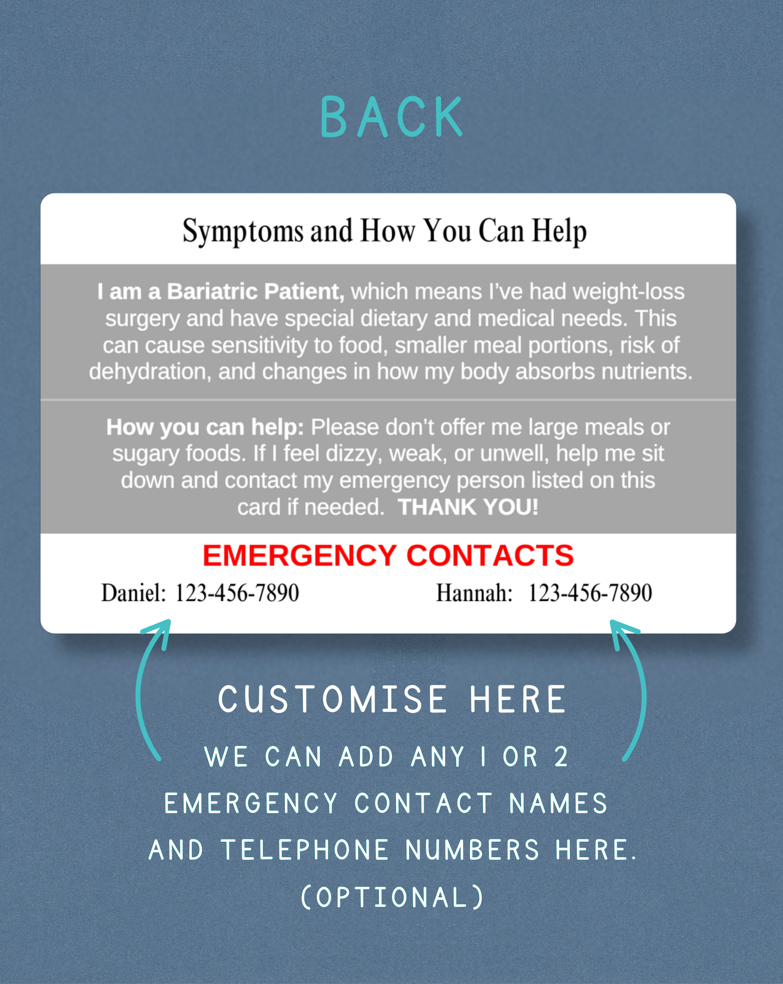 Bariatric Patient Medical Alert Card