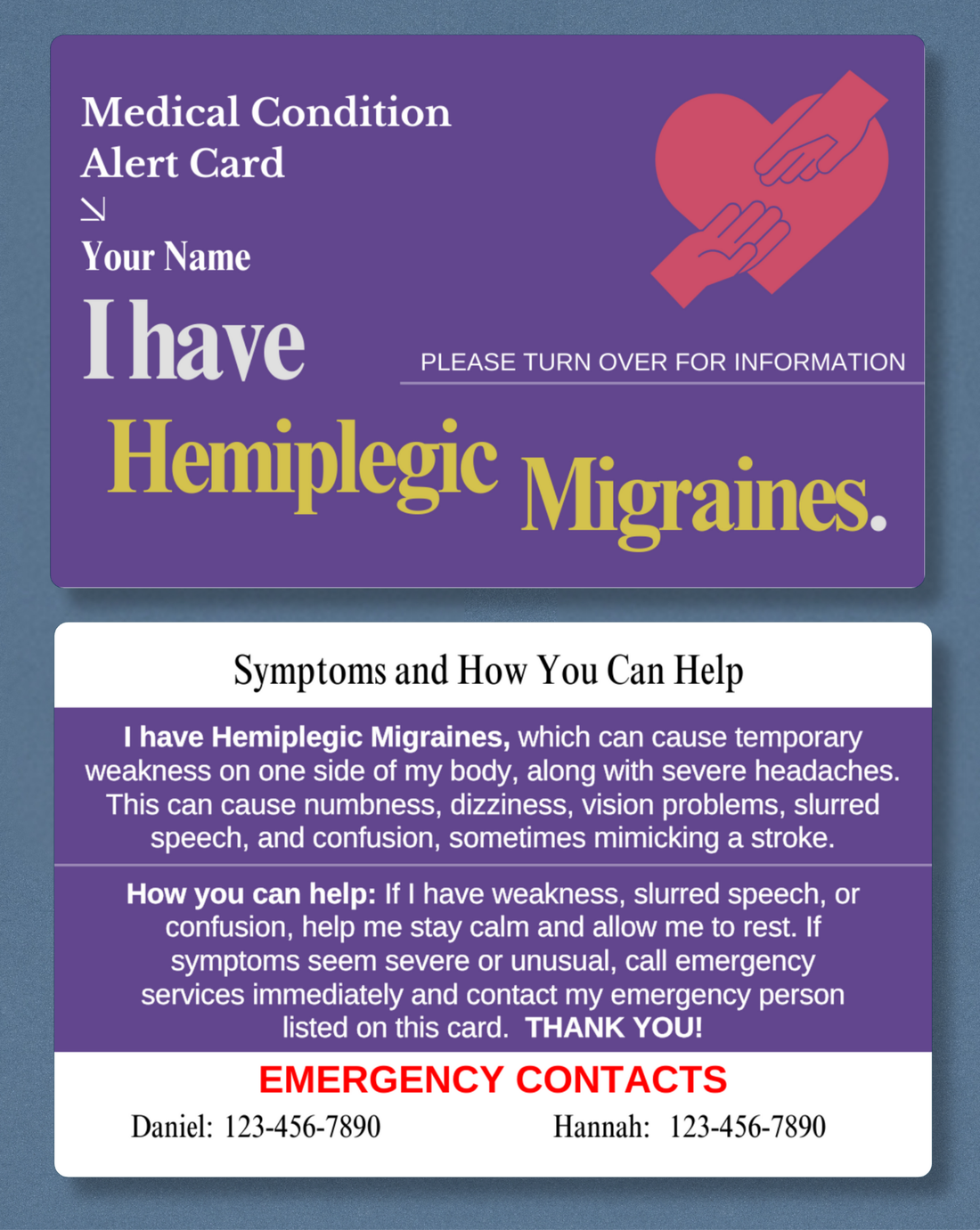 Hemiplegic Migraines Medical Alert Card