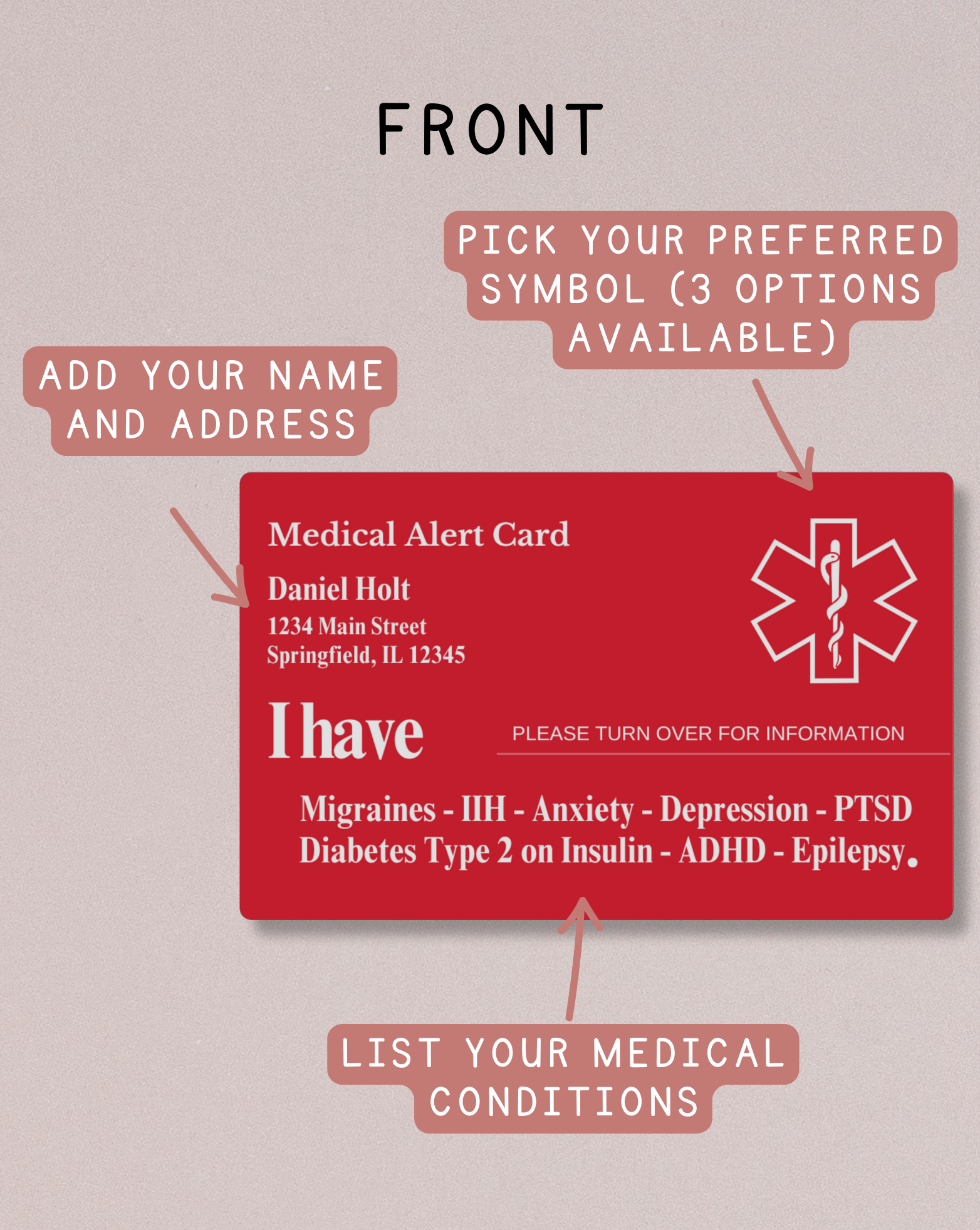 Custom Engraved Medical Alert Card - Red Aluminum (Full Detail Version)