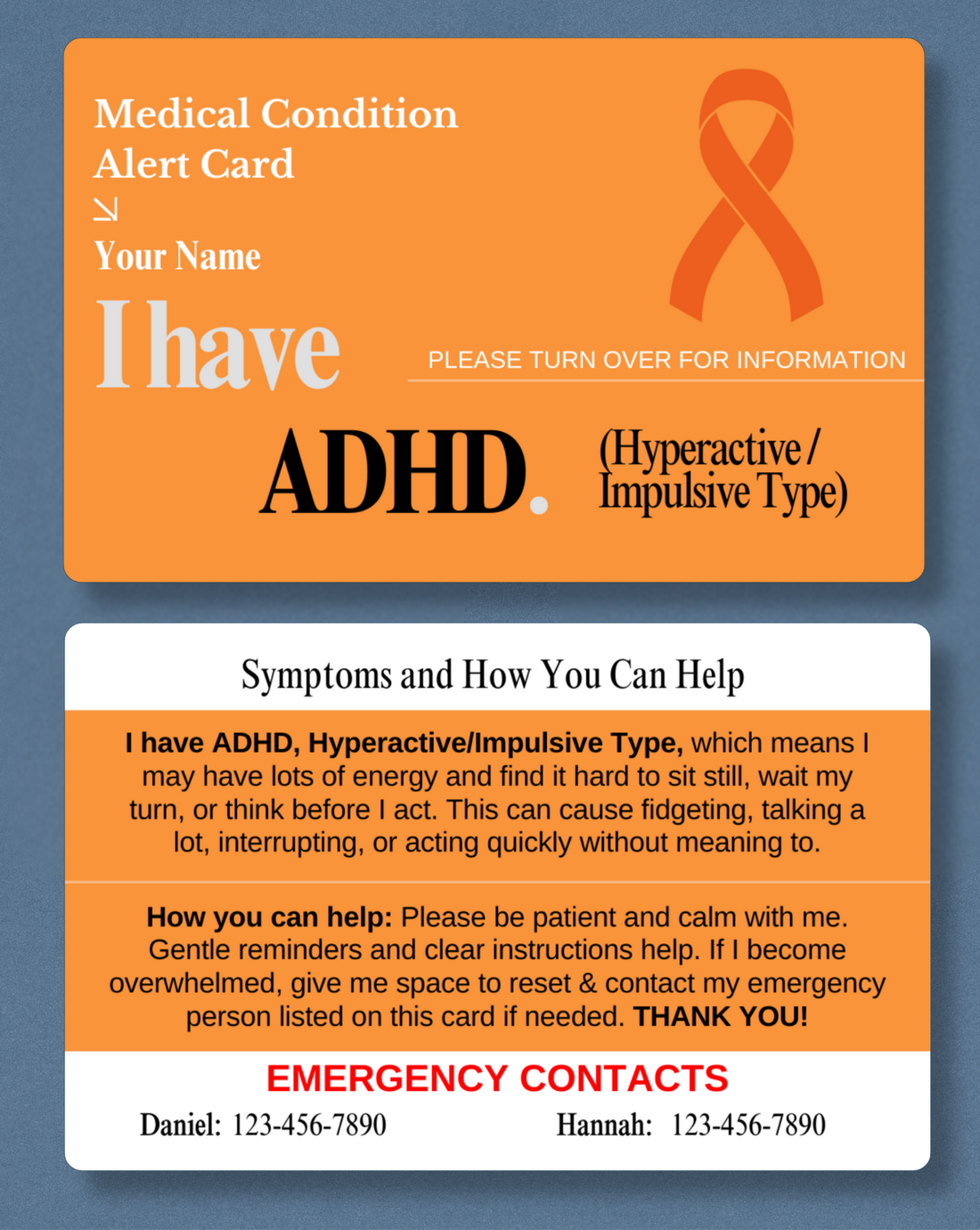 ADHD (Hyperactive/Impulsive Type) Medical Alert Card