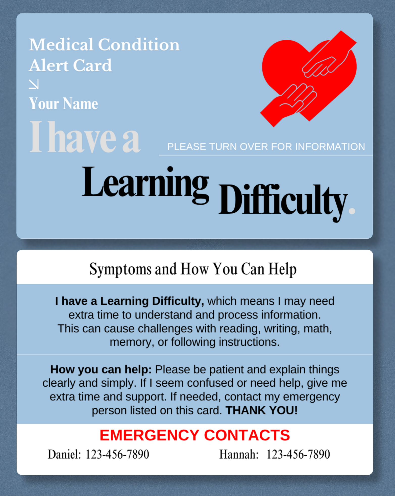 Learning Difficulty Medical Alert Card