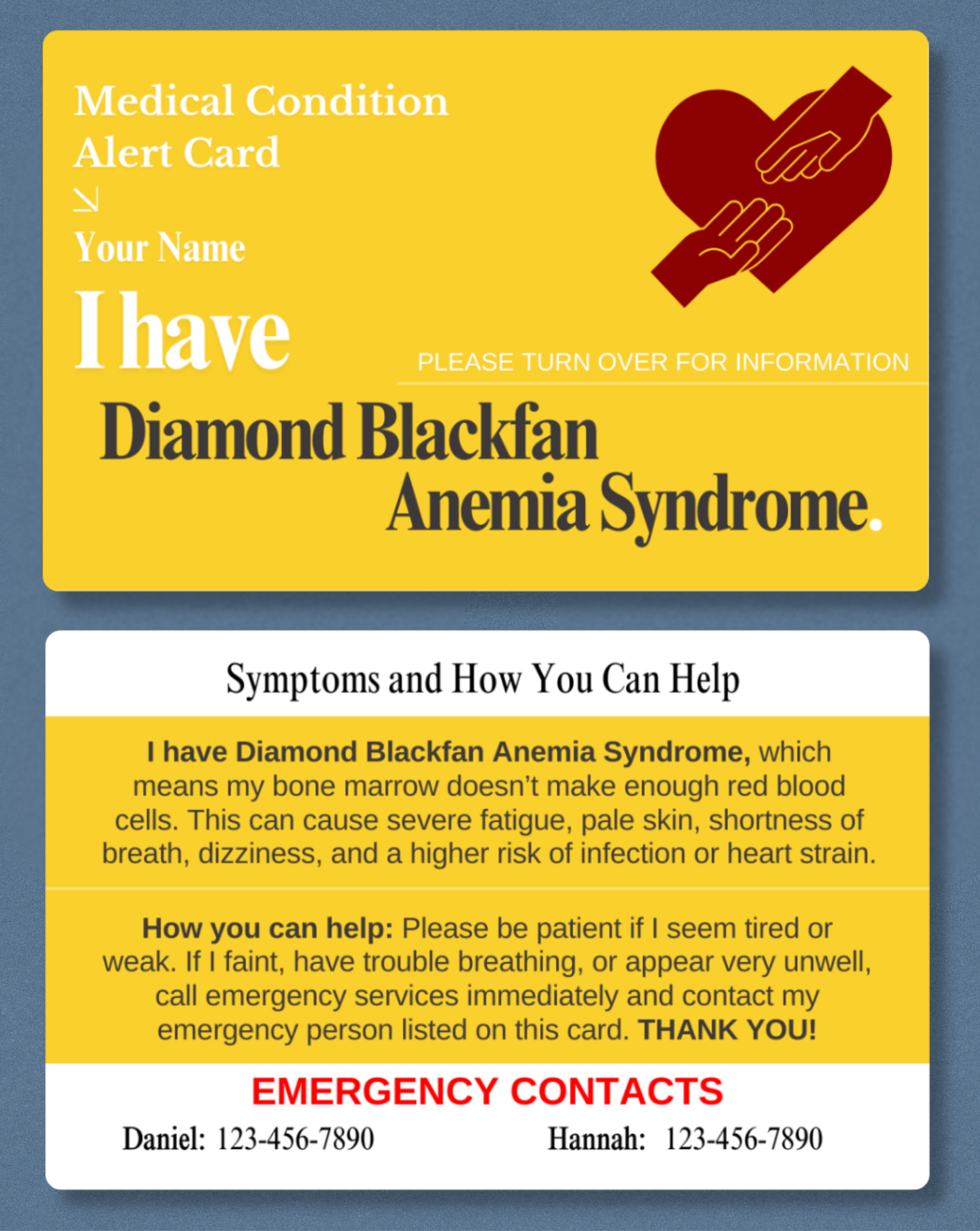 Diamond Blackfan Anemia Syndrome Medical Alert Card