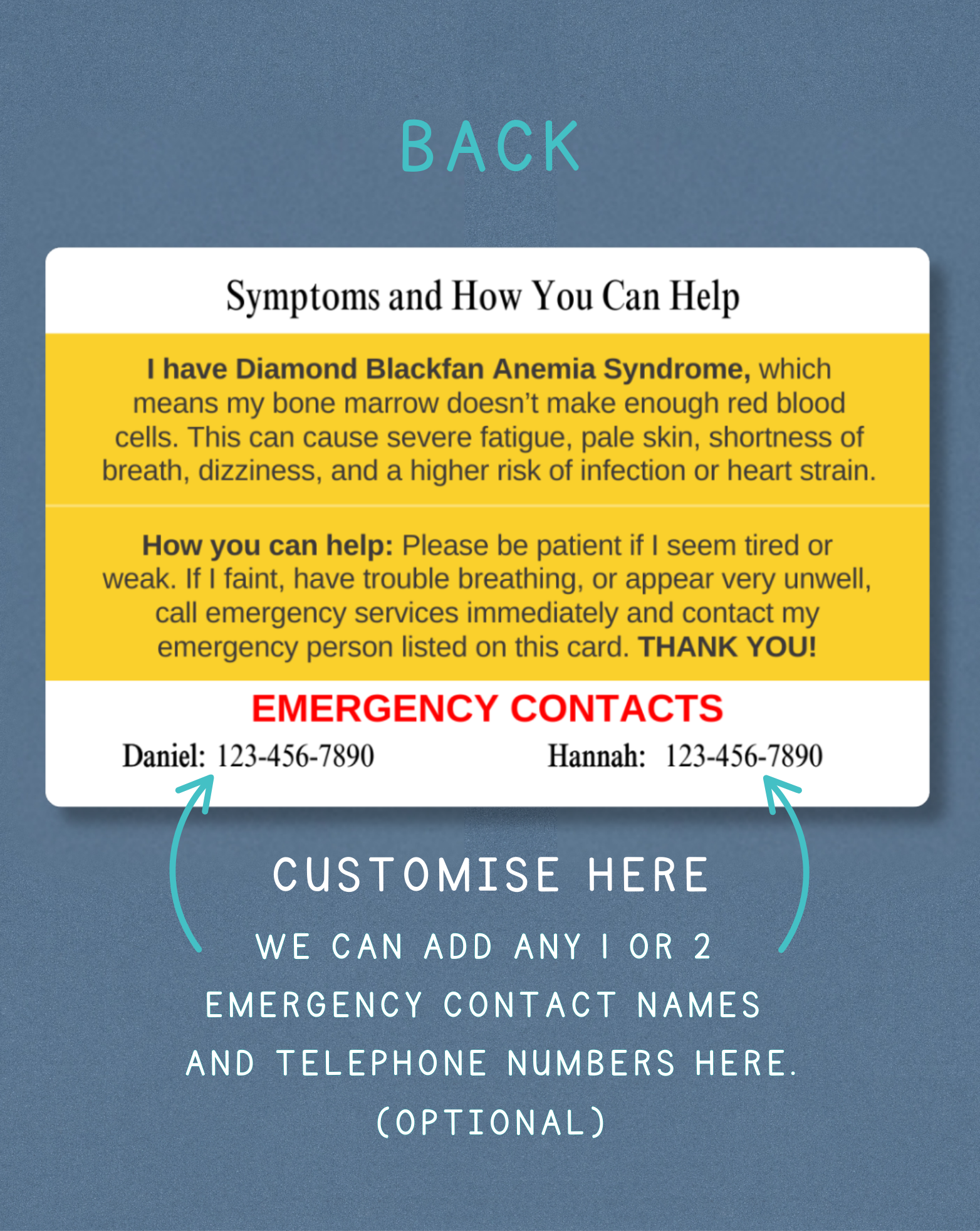 Diamond Blackfan Anemia Syndrome Medical Alert Card