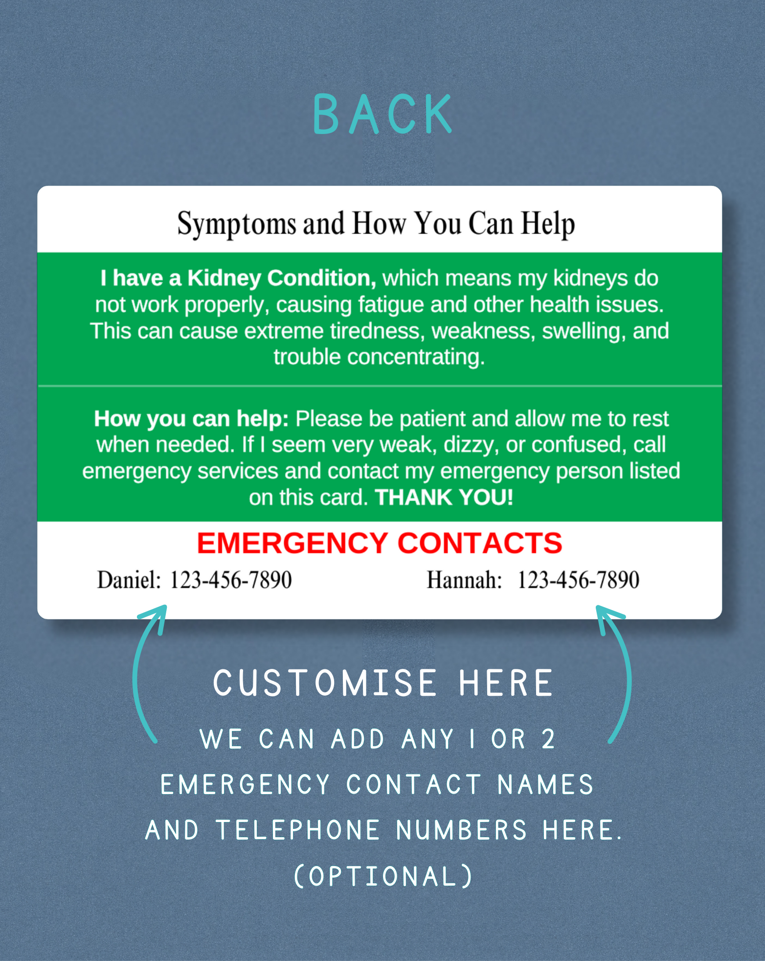 Kidney Condition with Fatigue Medical Alert Card