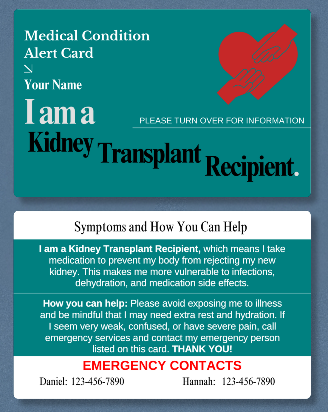 Kidney Transplant Recipient Medical Alert Card