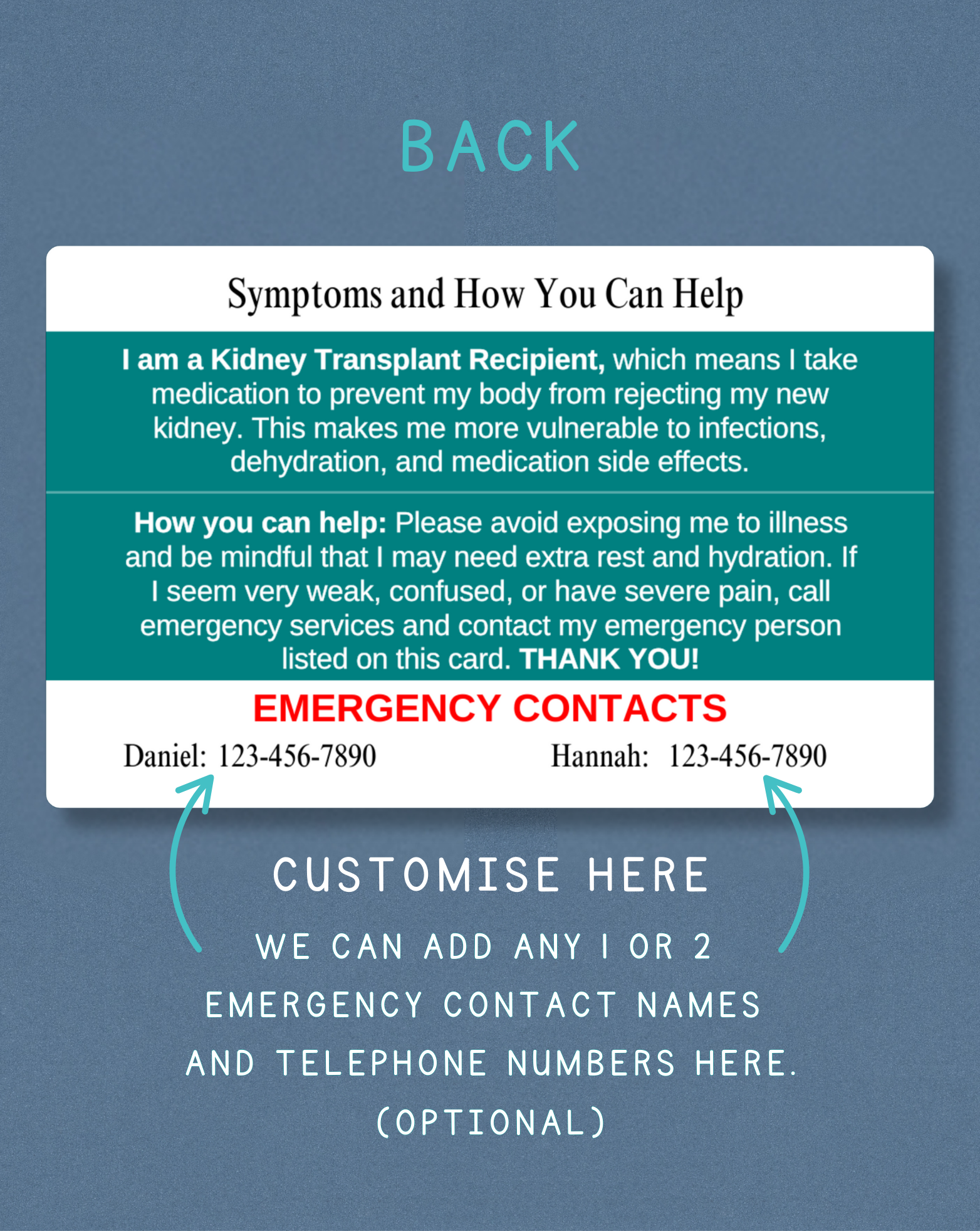 Kidney Transplant Recipient Medical Alert Card