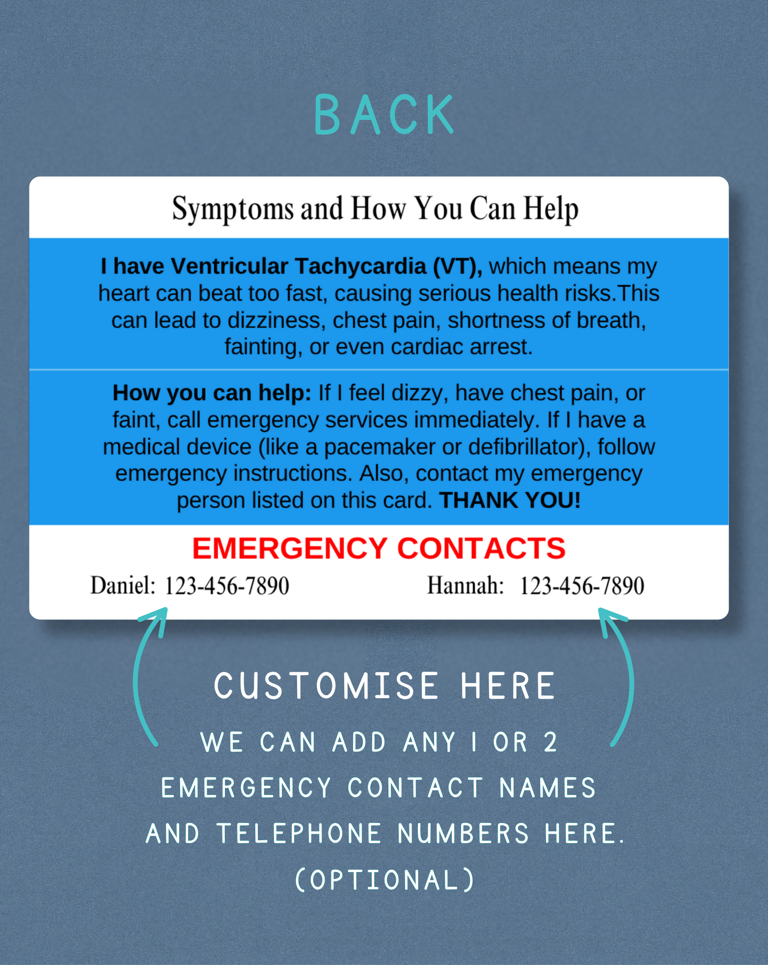 Ventricular Tachycardia Medical Alert Card