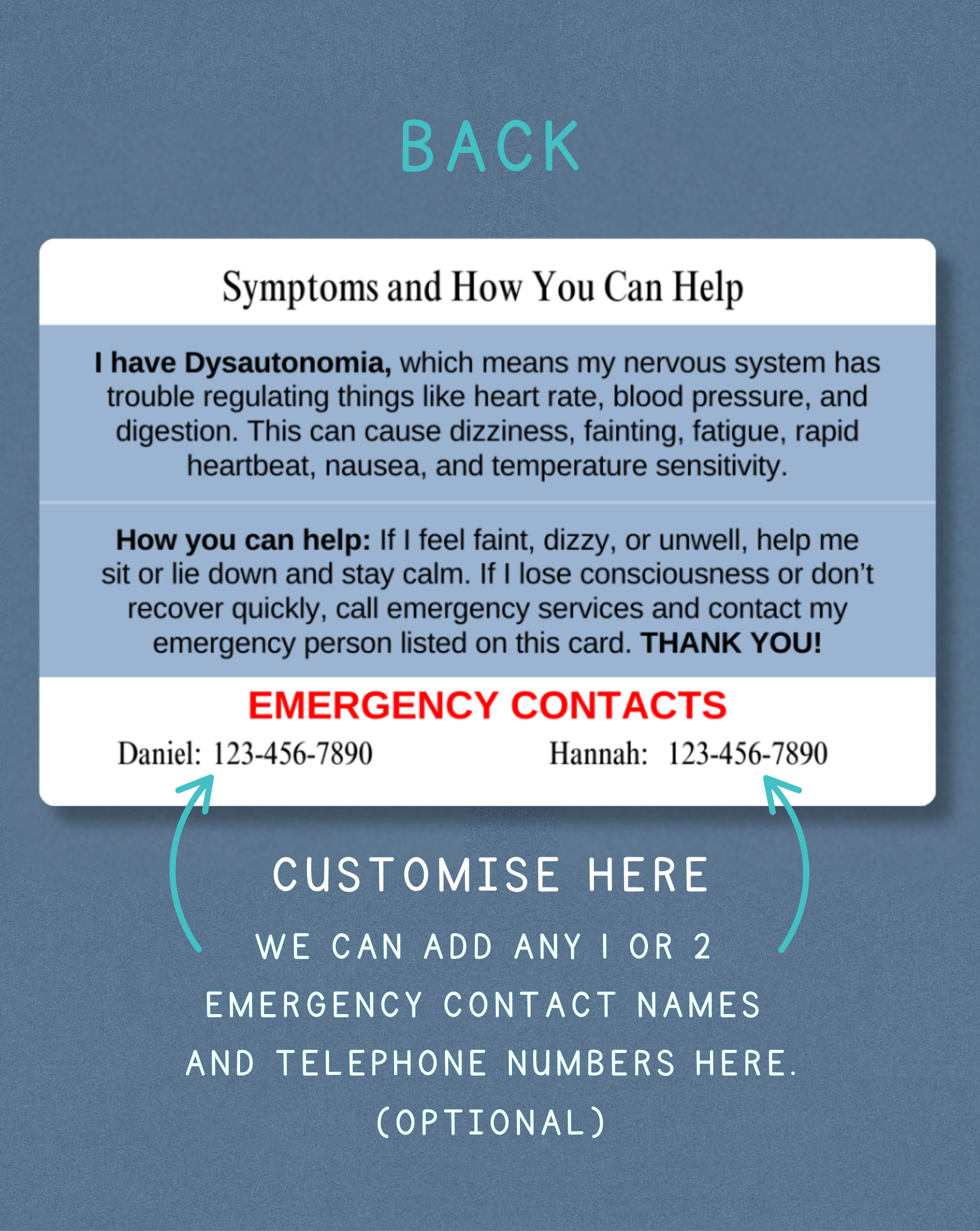 Dysautonomia Medical Alert Card