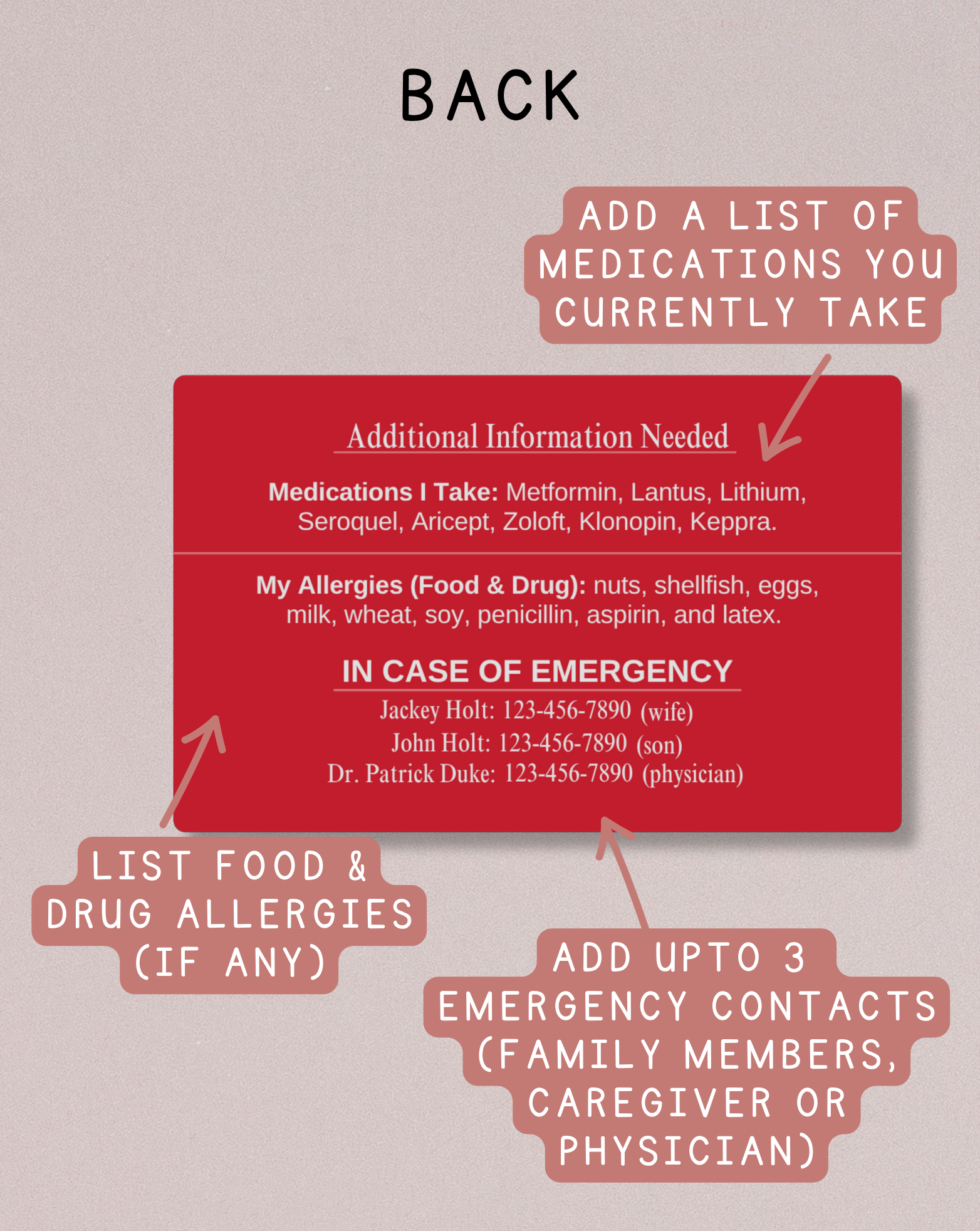 Custom Engraved Medical Alert Card - Red Aluminum (Full Detail Version)