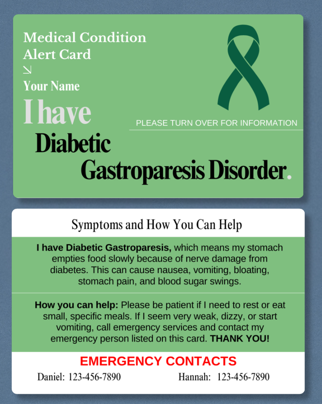 Diabetic Gastroparesis Disorder Medical Alert Card