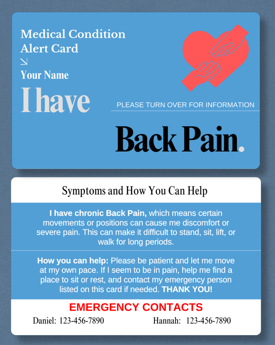 Back Pain Medical Alert Card