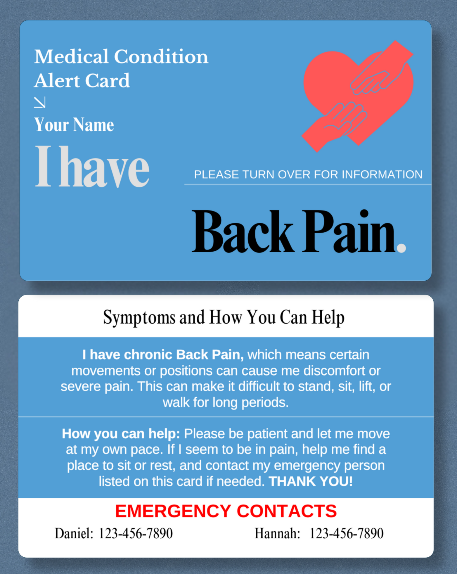 Back Pain Medical Alert Card