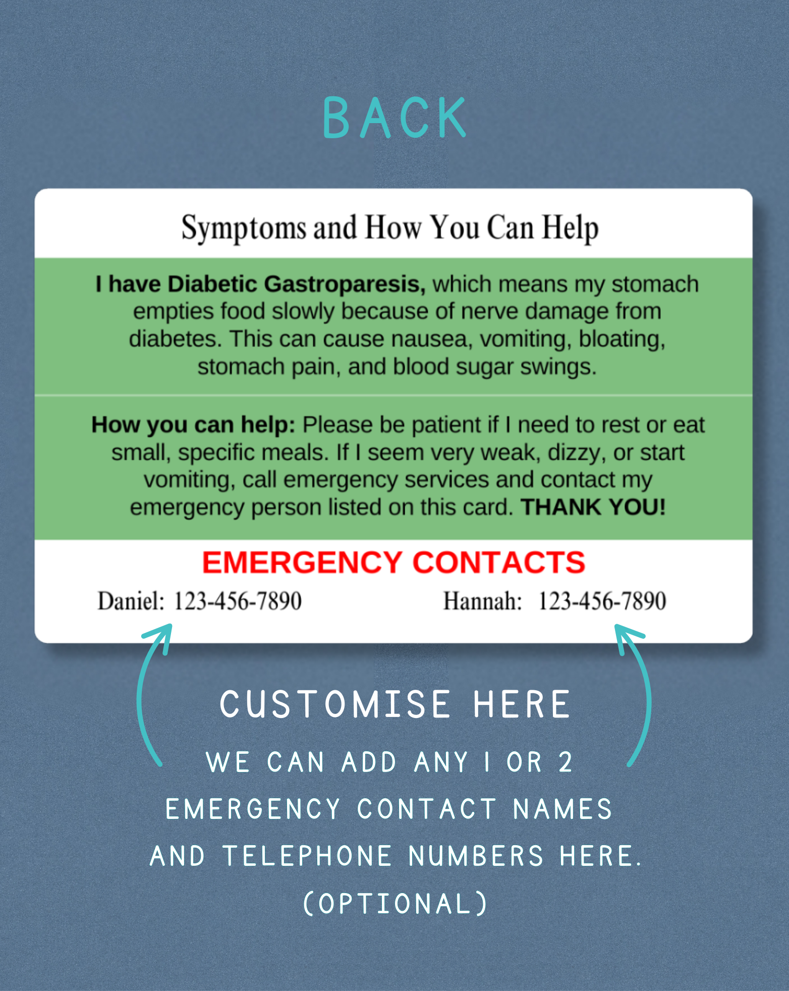 Diabetic Gastroparesis Disorder Medical Alert Card