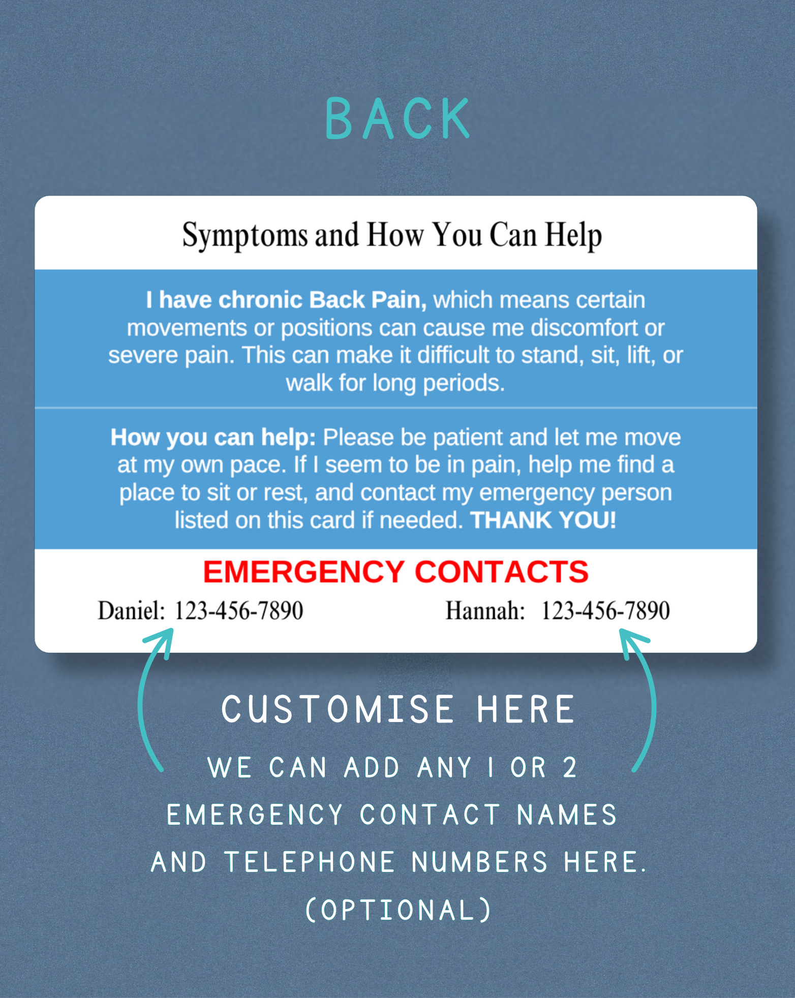 Back Pain Medical Alert Card